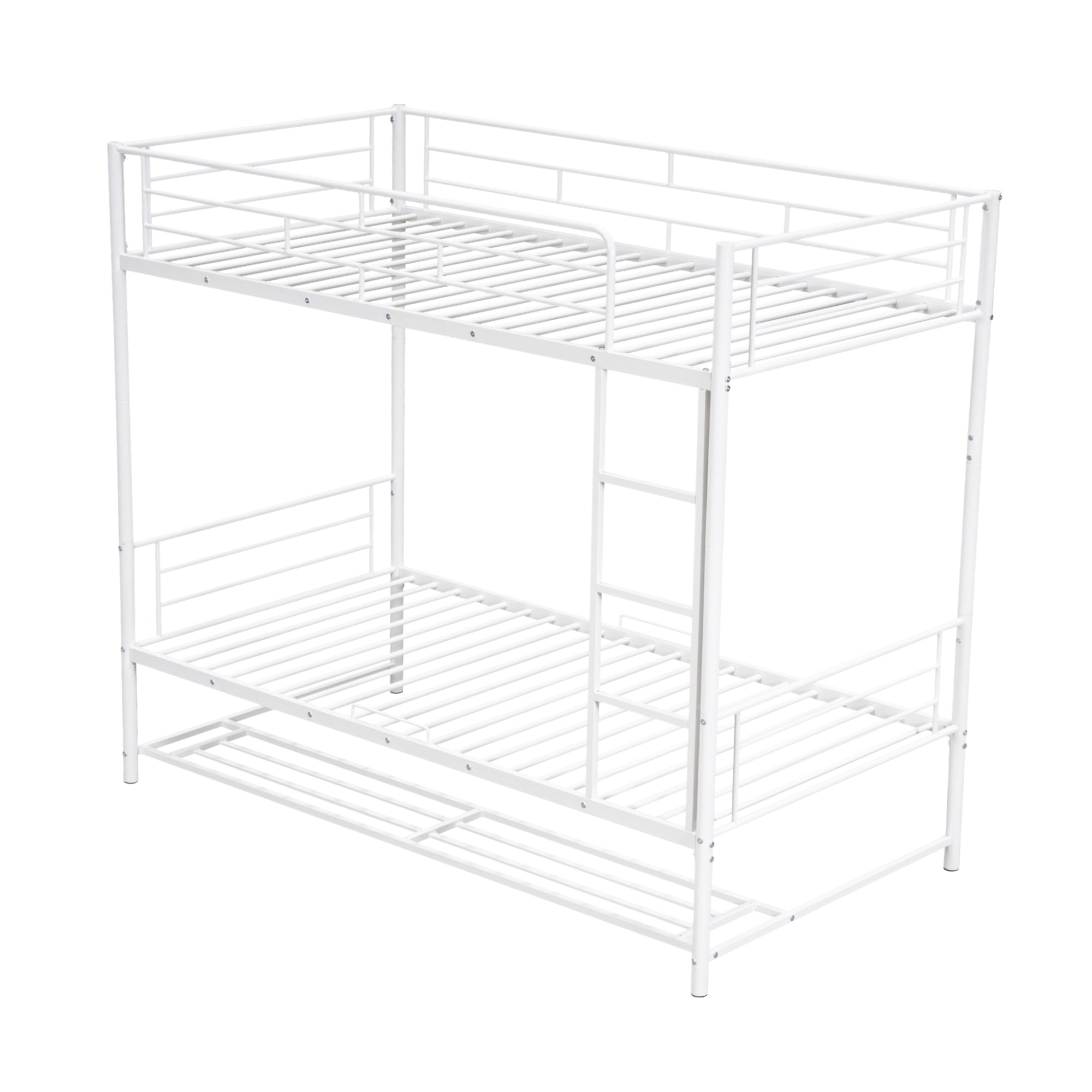 Twin Over Twin Metal Bunk Bed with Shelf and Guardrails, White