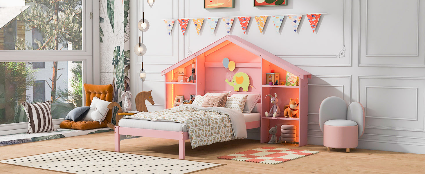 Wood Twin Size Platform Bed with House-shaped Storage Headboard and Built-in LED, Pink - Atlantic Fine Furniture Melbourne FL