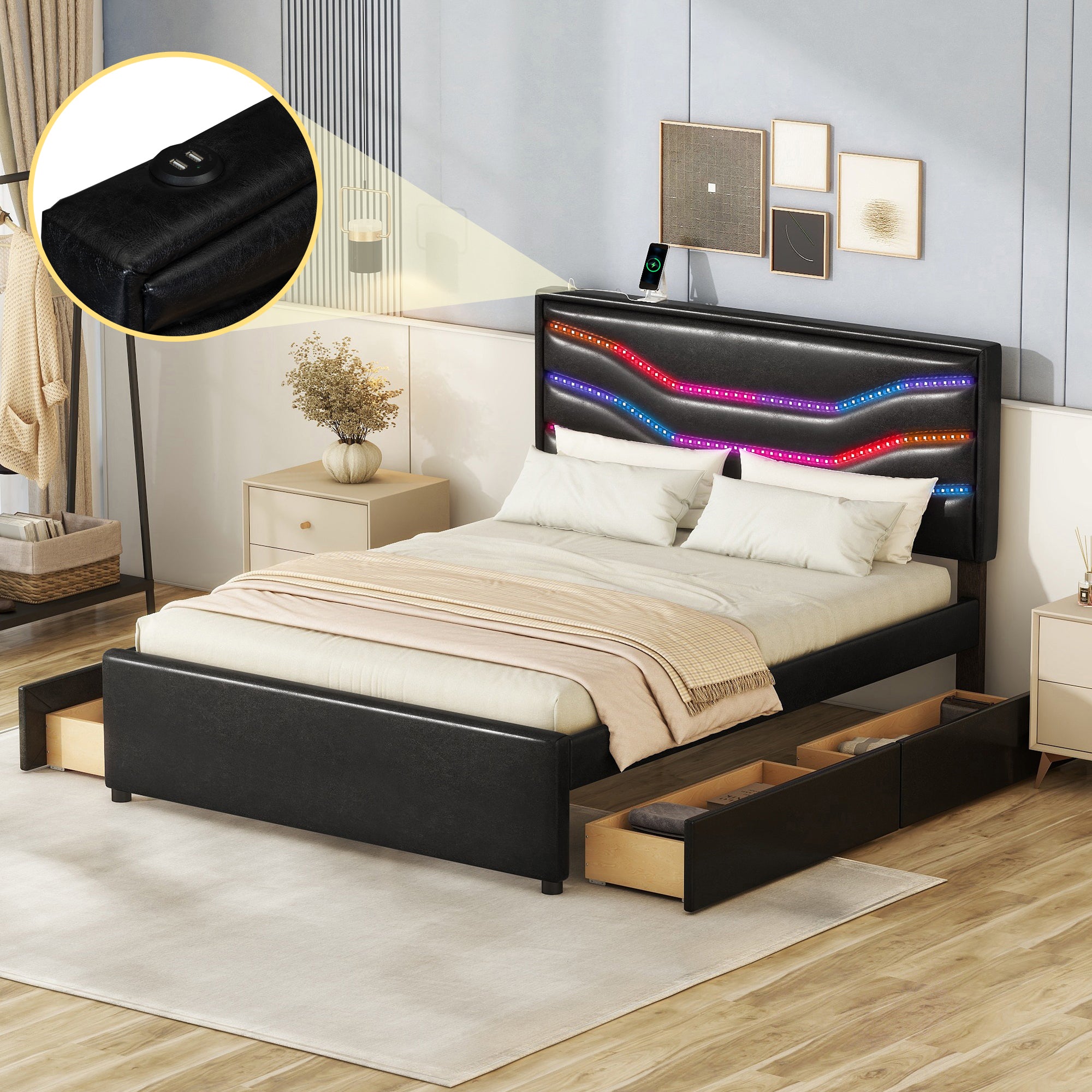 Queen Size Upholstered Storage Platform Bed with LED, 4 Drawers and USB Charging, Black - Atlantic Fine Furniture Melbourne FL