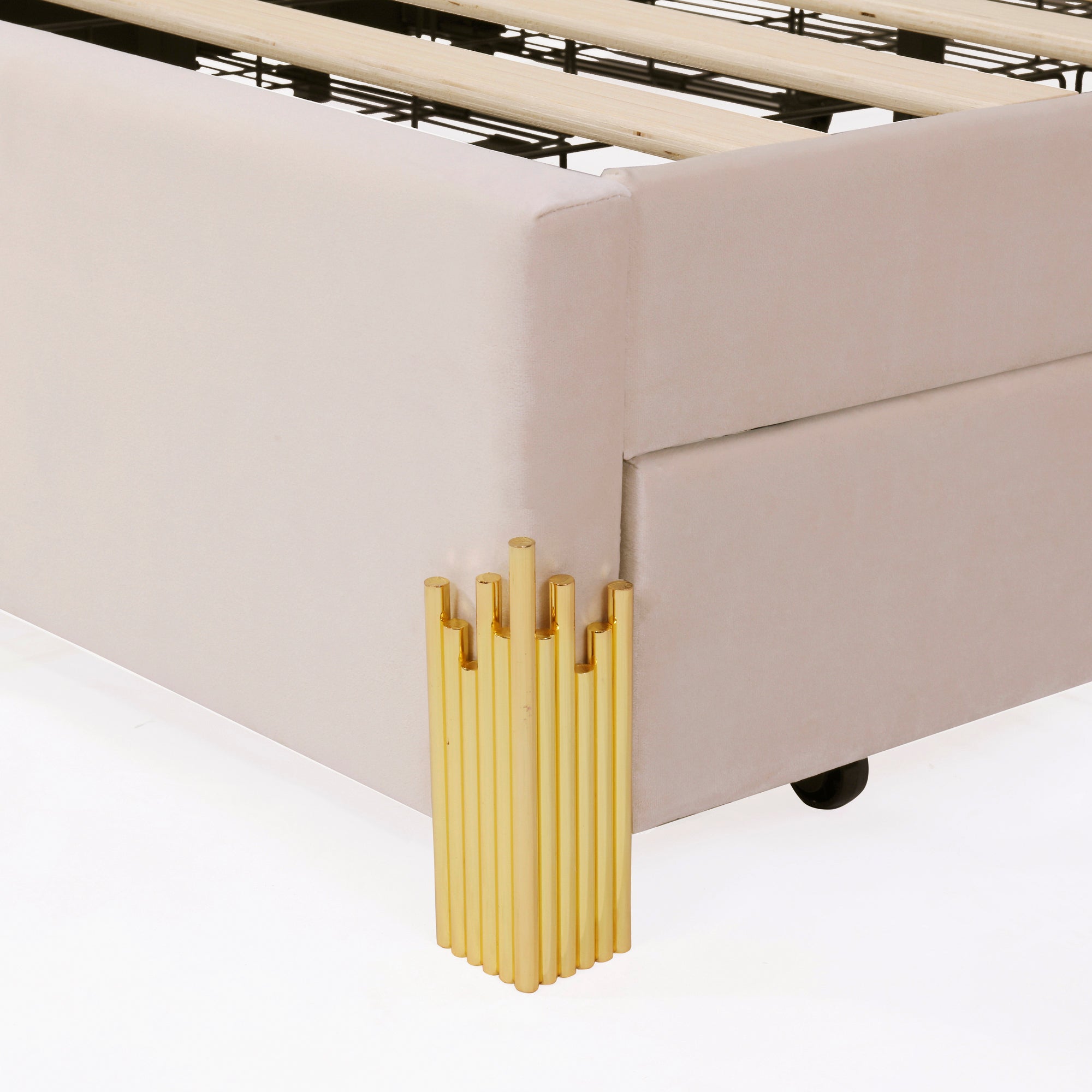 Full Size Upholstered Platform Bed with LED Lights and 4 Drawers, Stylish Irregular Metal Bed Legs Design, Beige - Atlantic Fine Furniture Melbourne FL