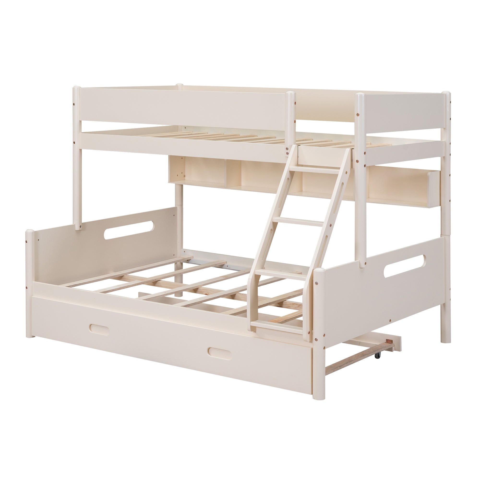 Wood Twin over Full Bunk Bed with Storage Shelves and Twin Size Trundle, Cream - Atlantic Fine Furniture Melbourne FL