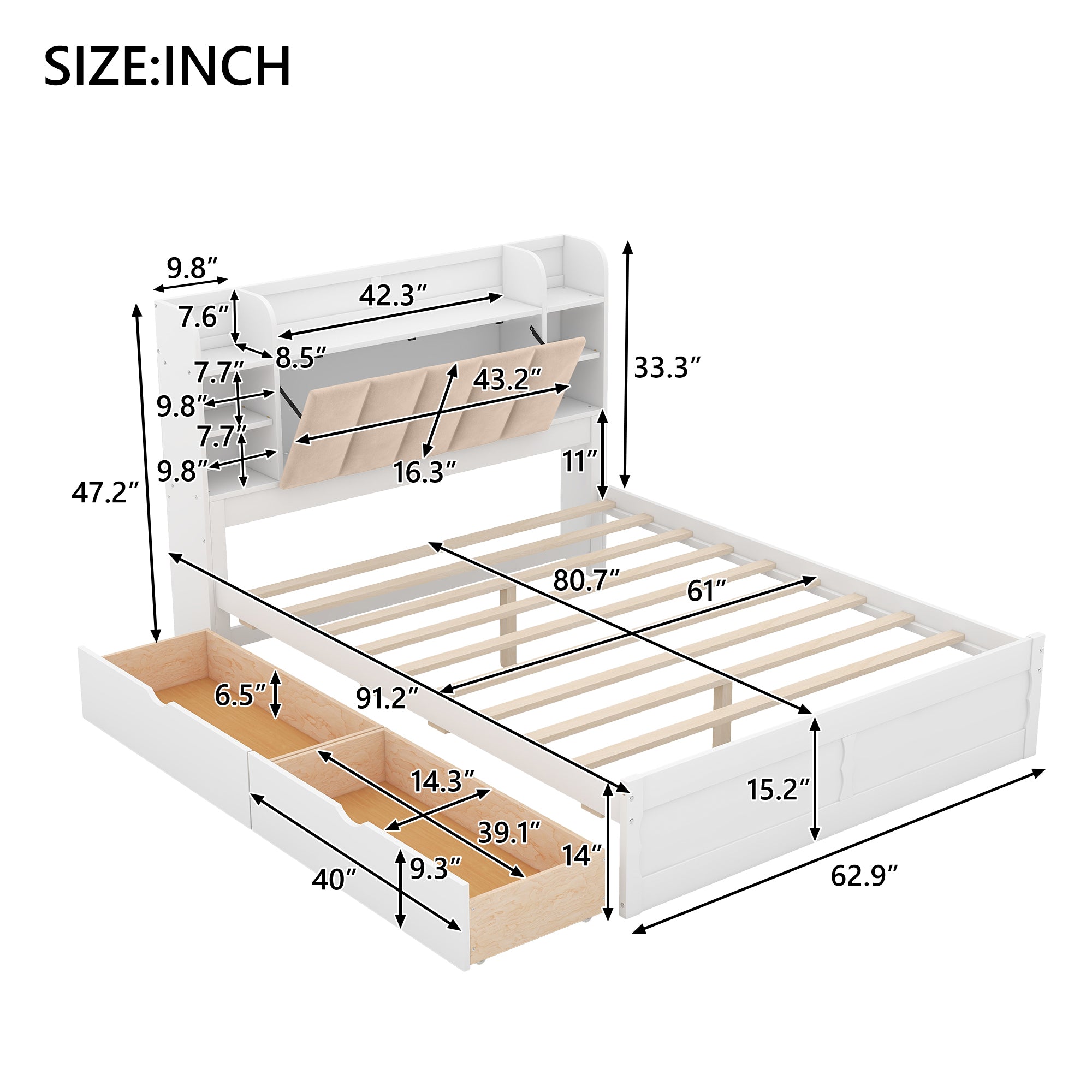 Wood Queen Size Platform Bed with Storage Headboard, Shelves and 2 Drawers, White - Atlantic Fine Furniture Melbourne FL