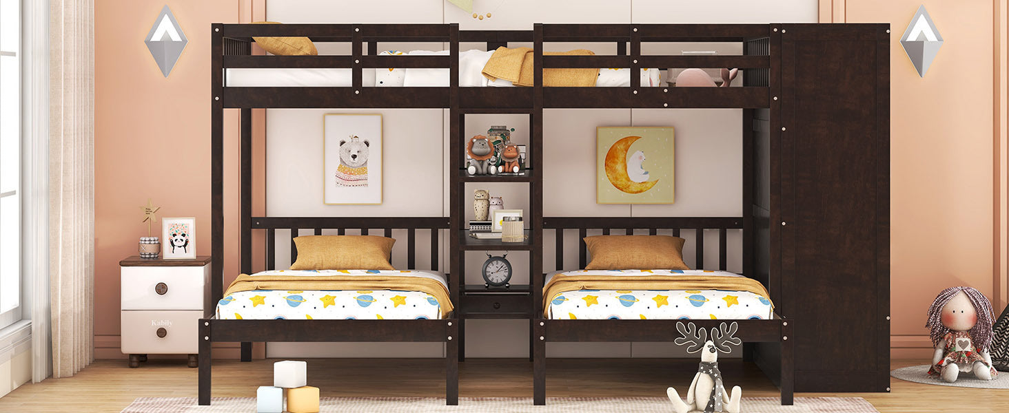 Full-Over-Twin-Twin Bunk Bed with Shelves, Wardrobe and Mirror, Espresso - Atlantic Fine Furniture Melbourne FL