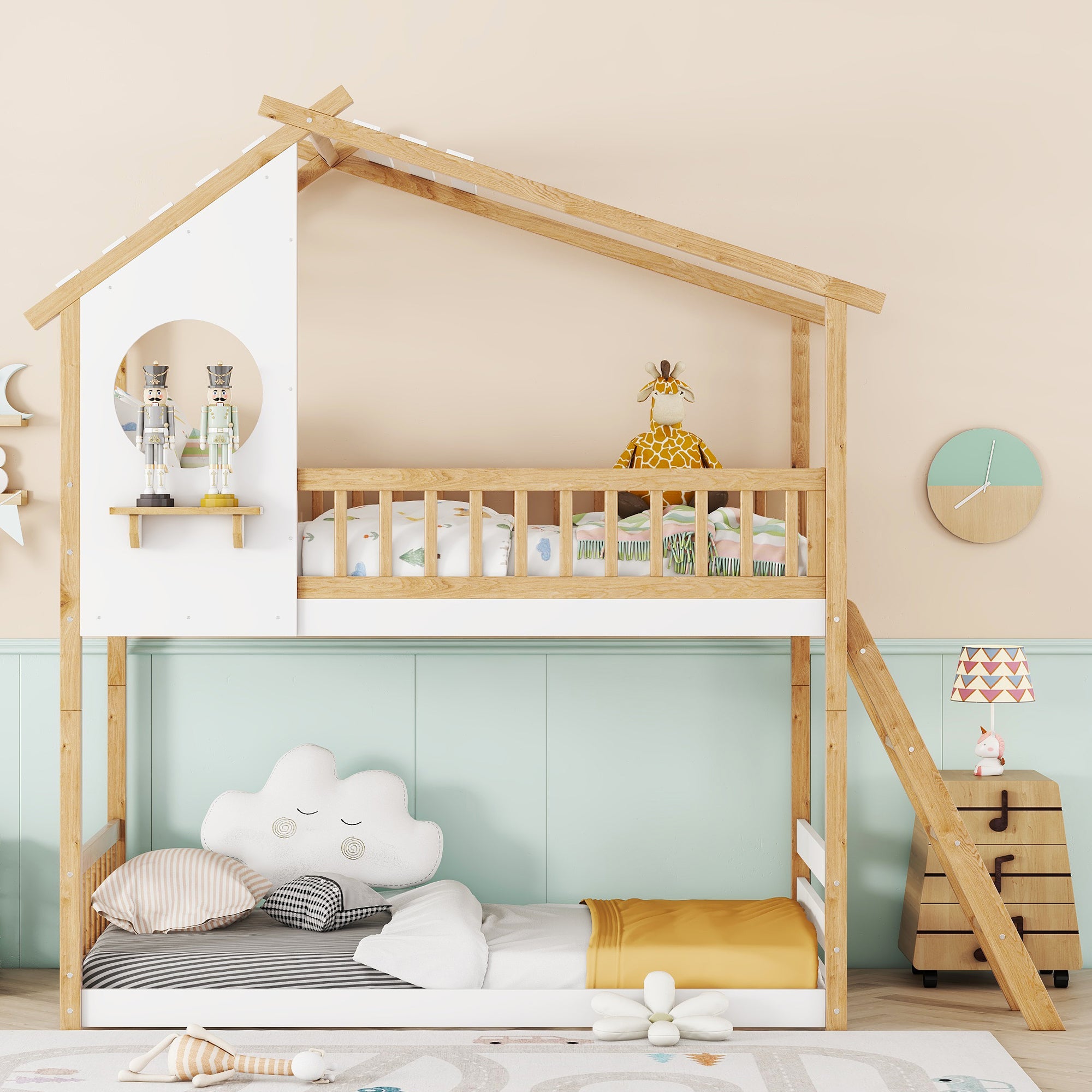 Twin Over Twin Bunk Bed Wood Bed with Roof, Window, Ladder,Natural(OLD SKU :LT100008AAD) - Atlantic Fine Furniture Melbourne FL