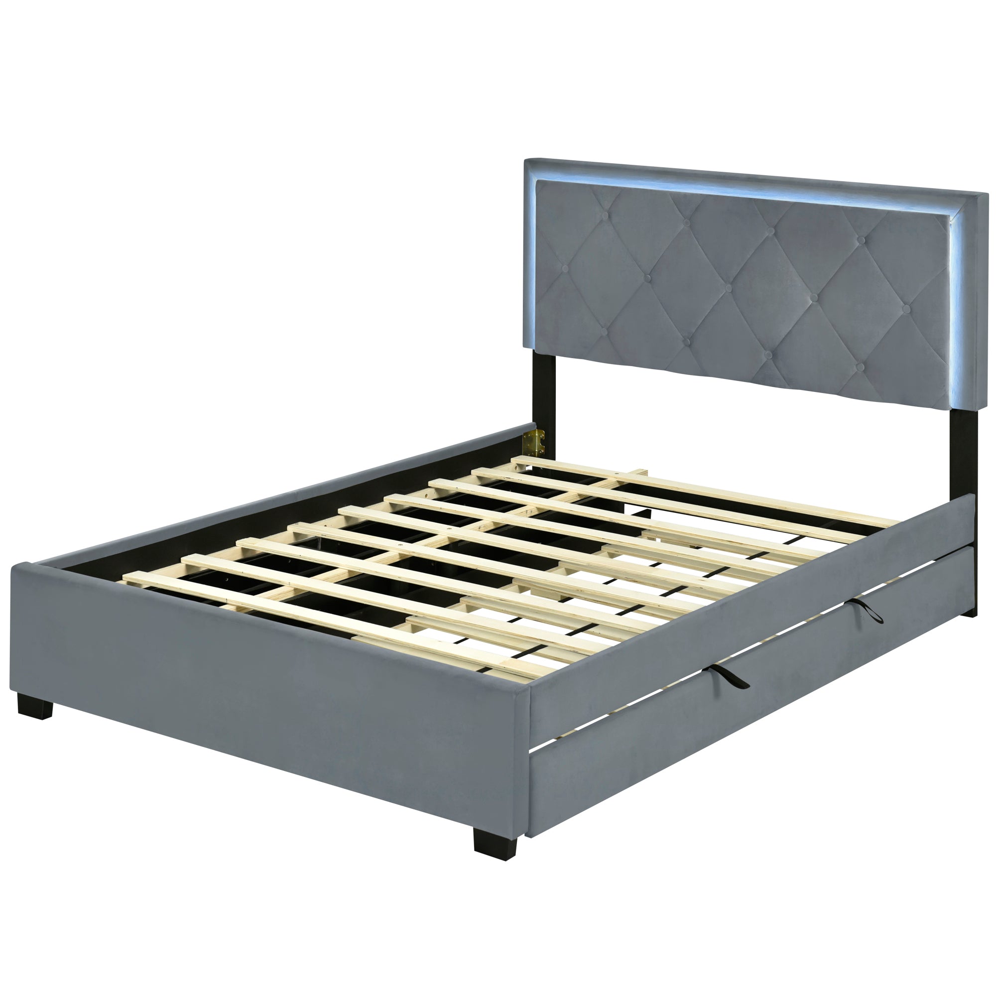 Full Size Velvet Storage Platform Bed, with 2 Big Drawers, T Size Trundle and LED Light, Gray - Atlantic Fine Furniture Melbourne FL
