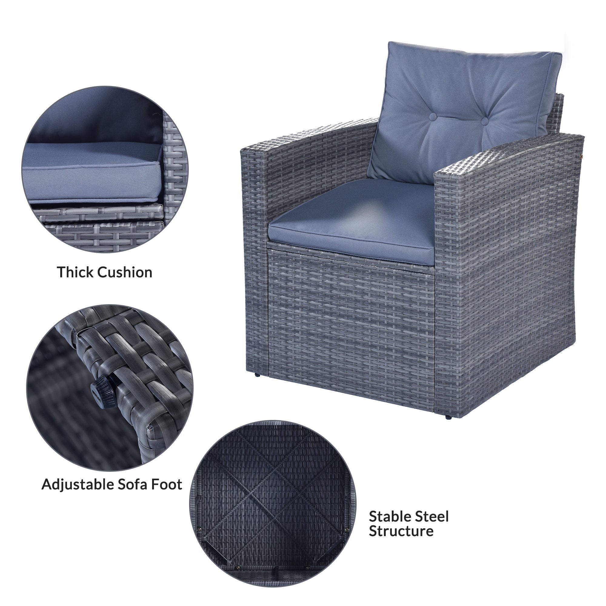 GO 6-piece All-Weather Wicker PE rattan Patio Outdoor Dining Conversation Sectional Set with coffee table, wicker sofas, ottomans, removable cushions (Dark grey wicker, Light grey cushion)