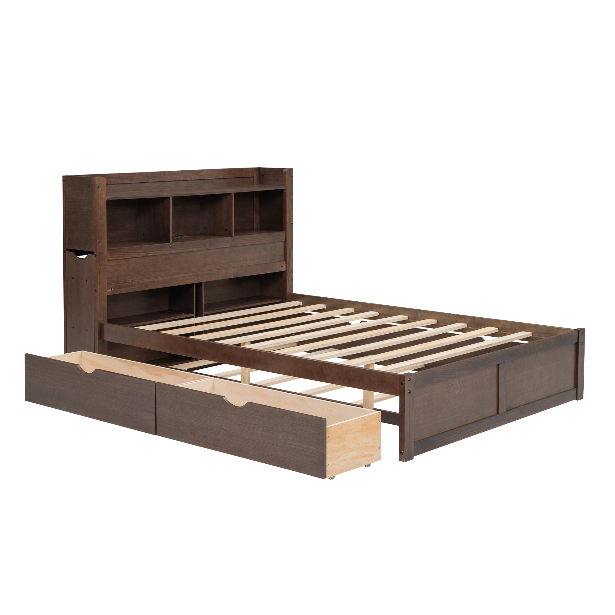 Full Size Storage Platform Bed with Pull Out Shelves, Twin Size Trundle and 2 Drawers, Espresso - Atlantic Fine Furniture Melbourne FL