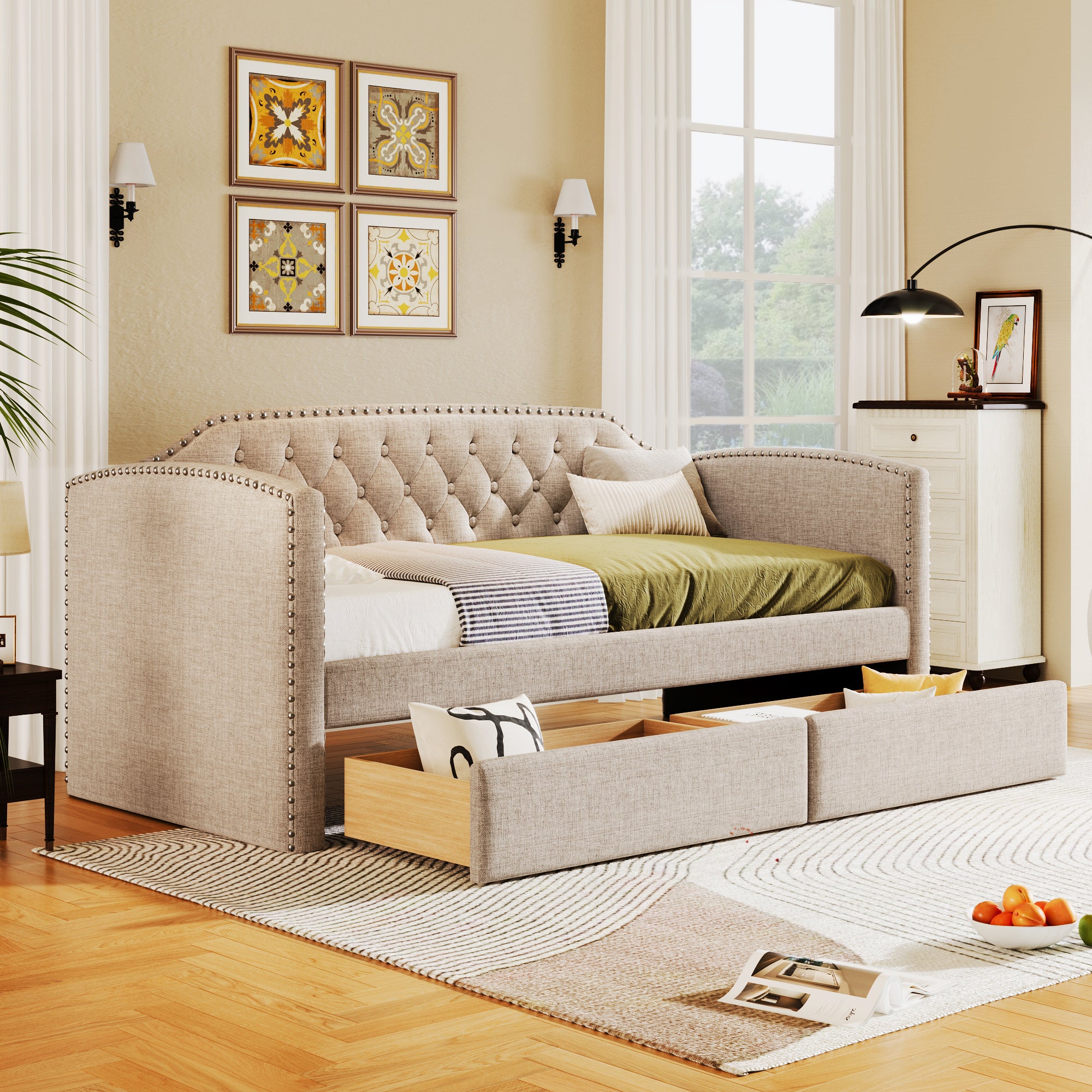 Twin Size Upholstered Daybed with Drawers for Guest Room, Small Bedroom, Study Room, Beige - Atlantic Fine Furniture Melbourne FL