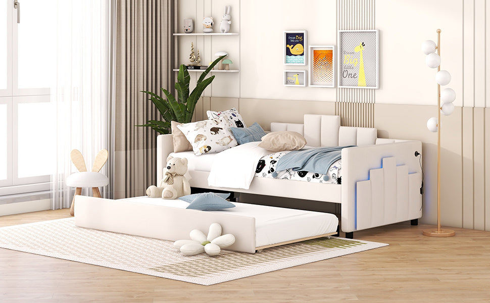 Twin Size Upholstered Daybed with Light and USB Port, Beige - Atlantic Fine Furniture Melbourne FL
