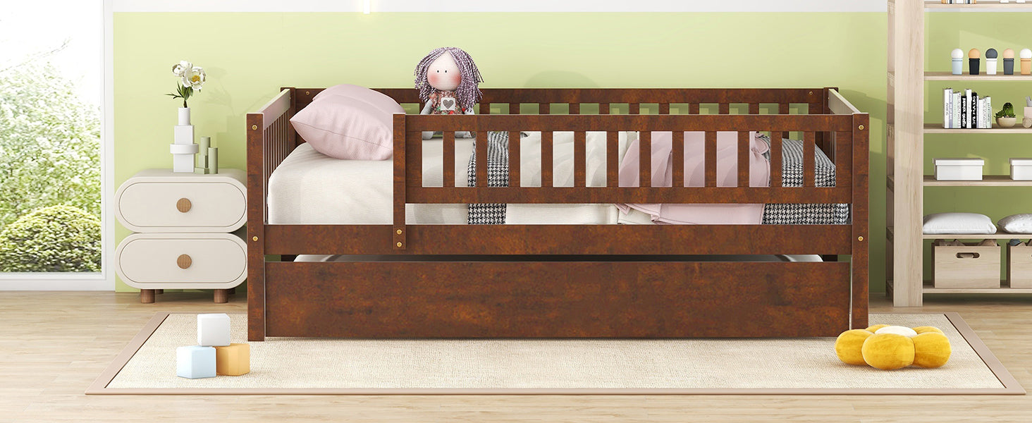 Full Size Wood Daybed with Trundle and Fence Guardrails, Walnut - Atlantic Fine Furniture Melbourne FL