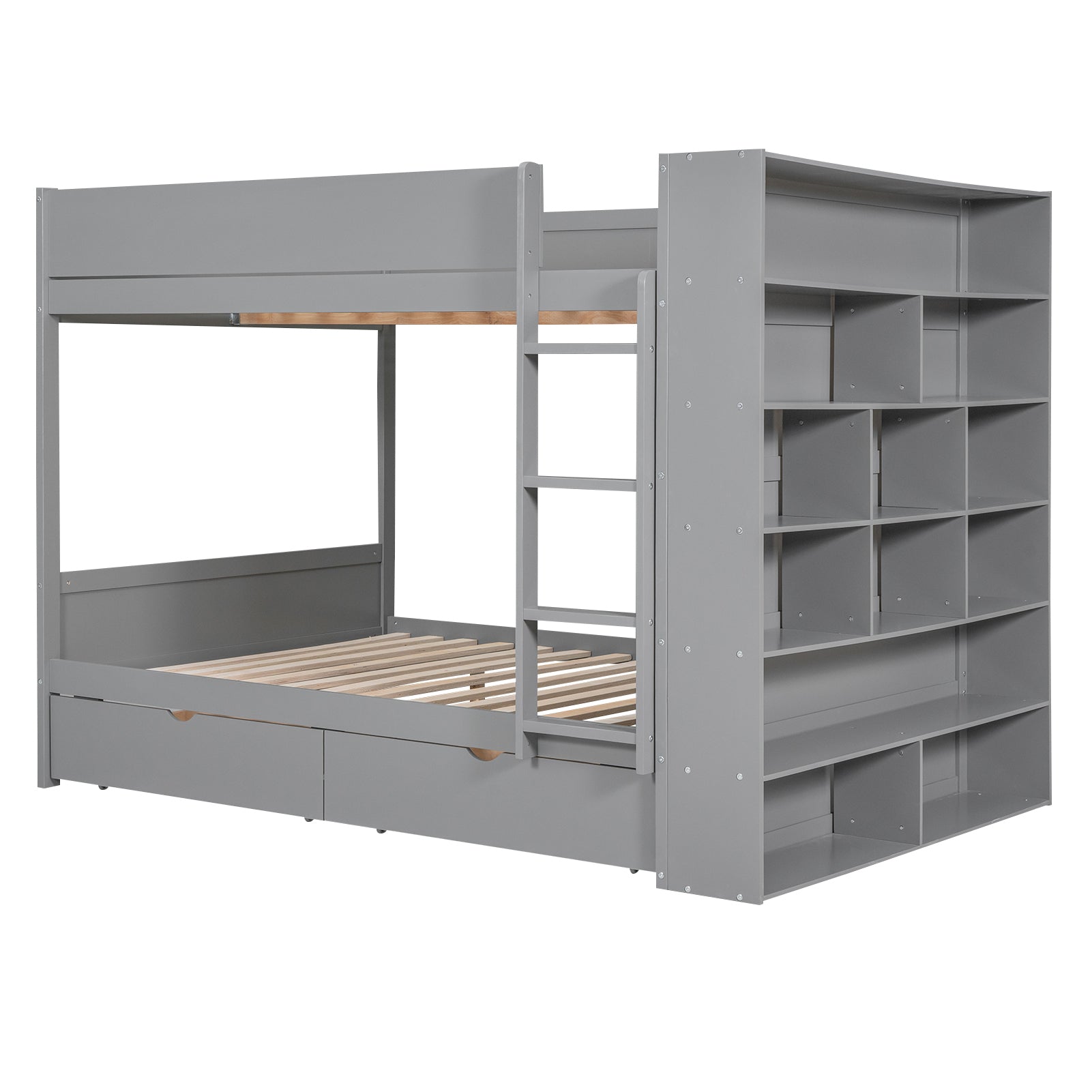 Full over Full Bunk Bed With 2 Drawers and Multi-layer Cabinet, Gray - Atlantic Fine Furniture Melbourne FL
