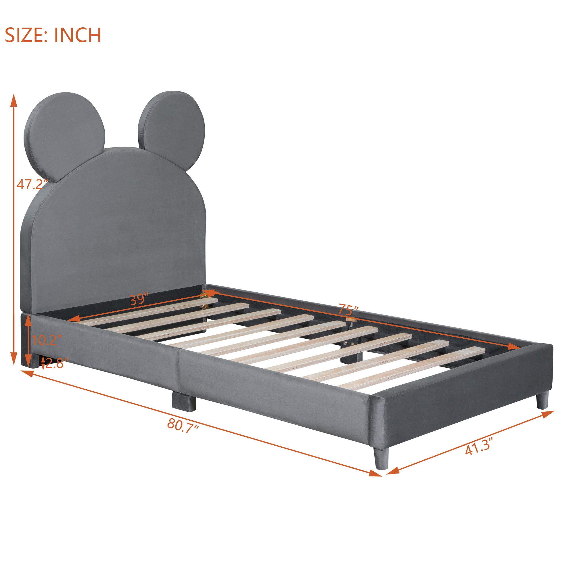 Twin Size Upholstered Platform Bed with Bear Ear Shaped Headboard, Gray - Atlantic Fine Furniture Melbourne FL