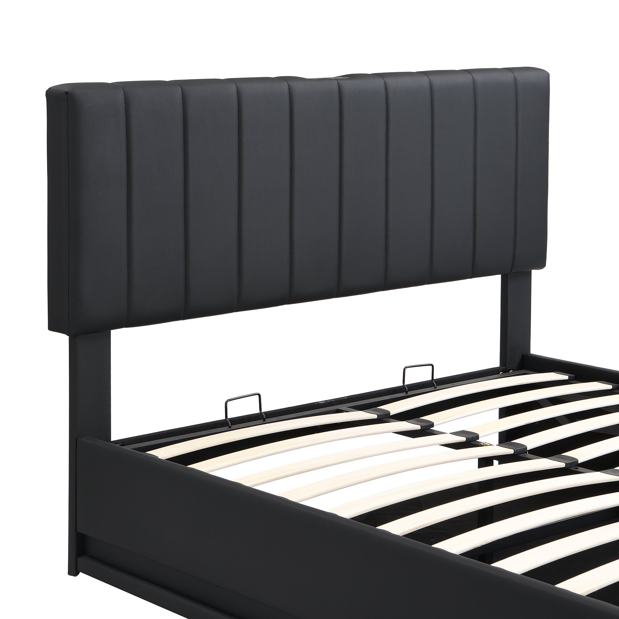 Full Size Upholstered Bed with Hydraulic Storage System and LED Light, Modern Platform Bed with Sockets and USB Ports, Black - Atlantic Fine Furniture Melbourne FL