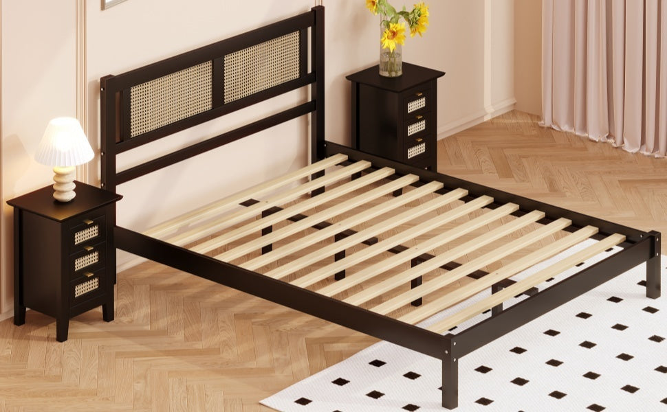 Full Size Wooden Platform Bed with Natural Rattan Headboard, Exquisite Elegance with Minimalist Charm for Bedroom, Black - Atlantic Fine Furniture Melbourne FL