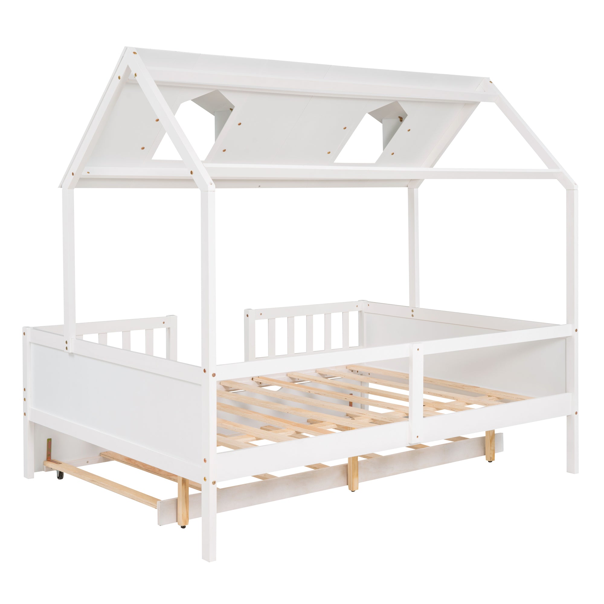 Full Size House Bed Wood Bed with Twin Size Trundle ( White ) - Atlantic Fine Furniture Melbourne FL