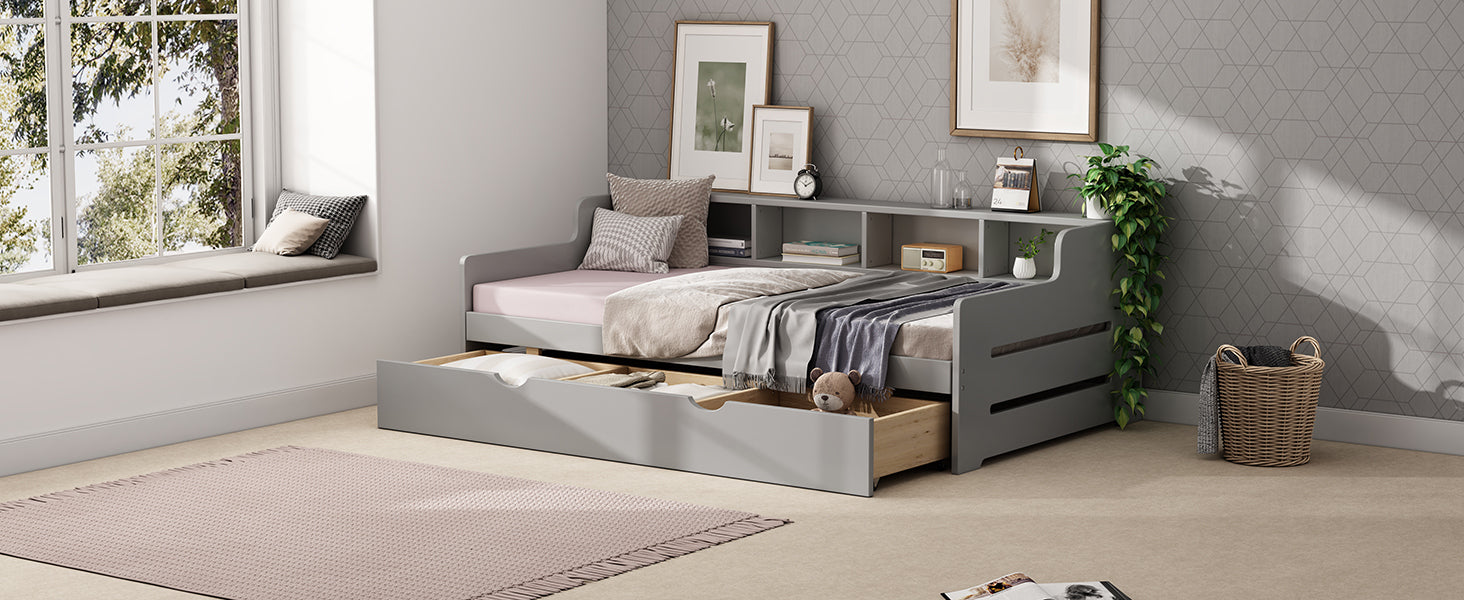 Twin Size Wooden Day Bed with Trundle for Guest Room, Small Bedroom, Study Room, Gray - Atlantic Fine Furniture Melbourne FL