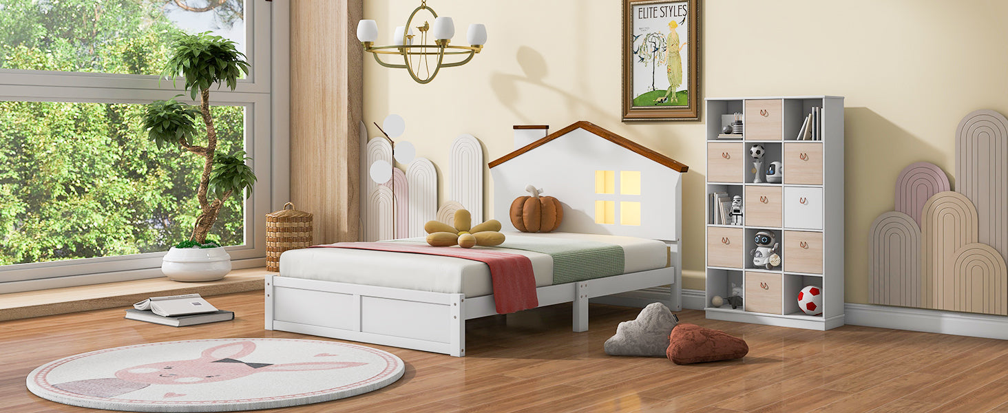 Twin Size Wood Platform Bed with House-shaped Headboard and Built-in LED, Walnut+White - Atlantic Fine Furniture Melbourne FL