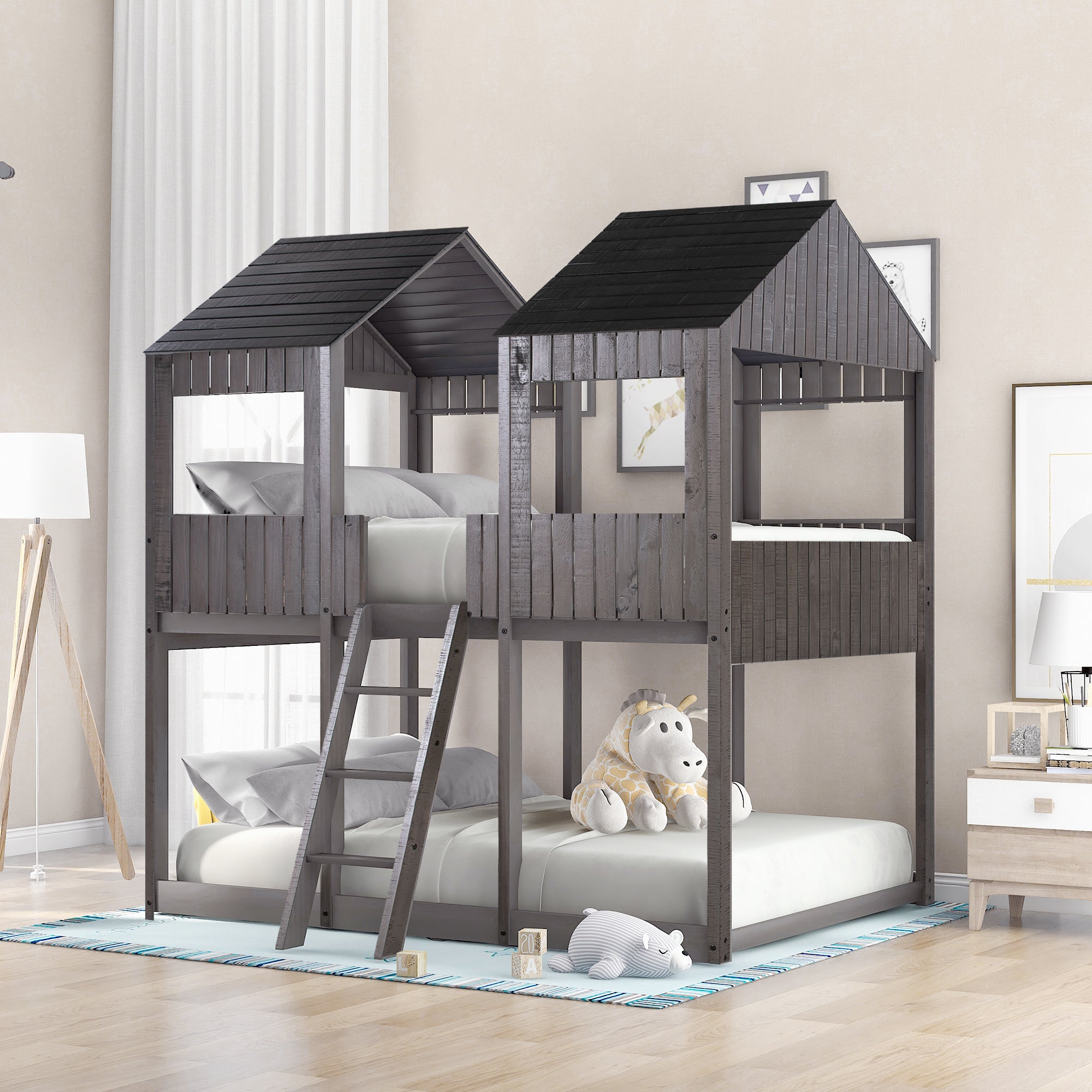 Full Over Full WoodBunk Bed with Roof, Window, Guardrail, Ladder(Antique Gray)( old sku: LT000031AAE ) - Atlantic Fine Furniture Melbourne FL