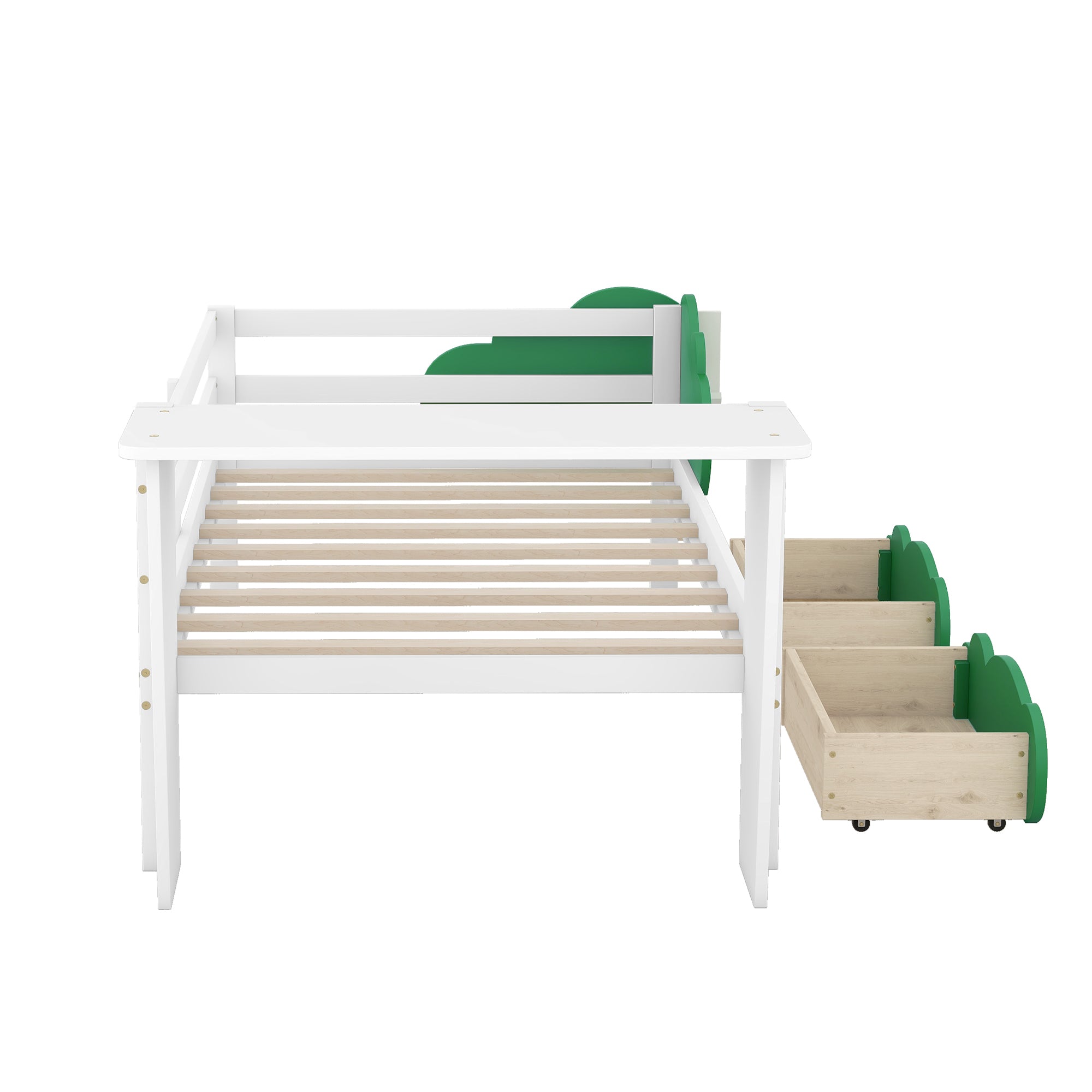 Twin Size Daybed with Desk, Green Leaf Shape Drawers and Shelves, White - Atlantic Fine Furniture Melbourne FL