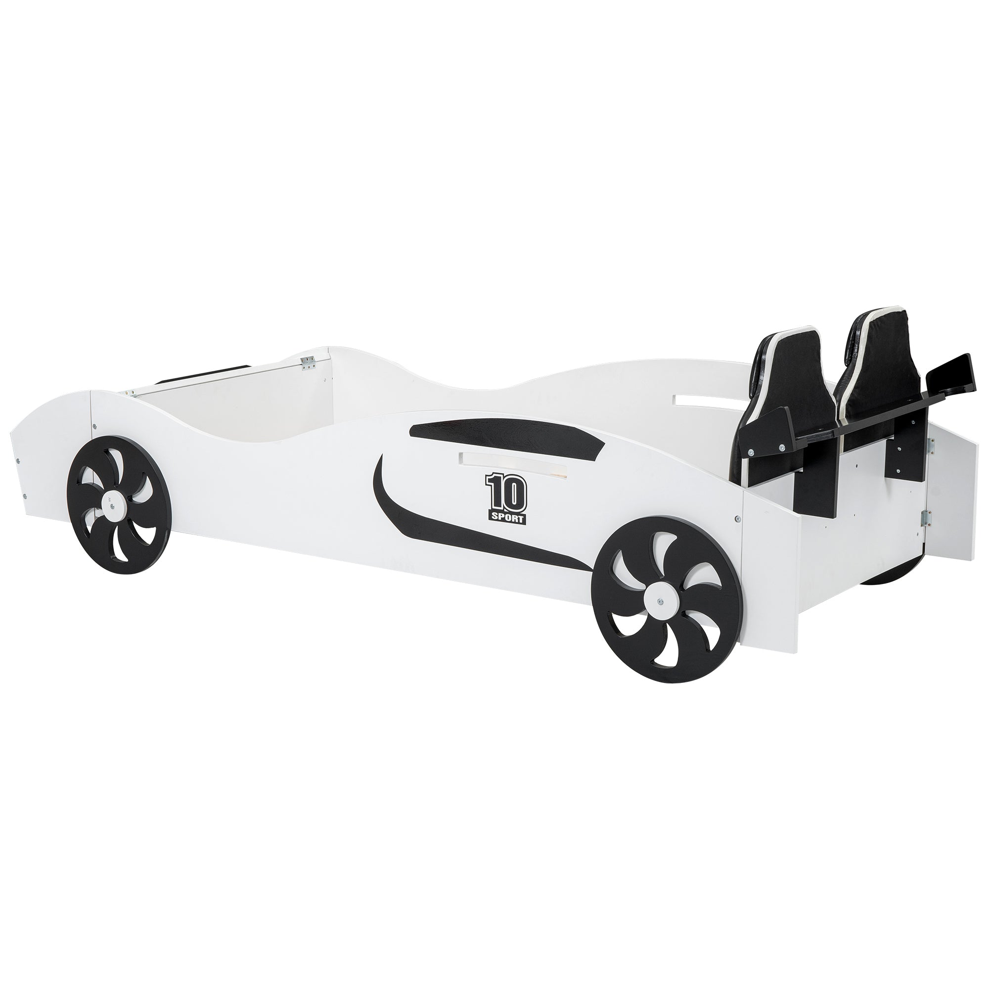 Twin Size Race Car-Shaped Platform Bed with Upholstered Backrest and Storage, White - Atlantic Fine Furniture Melbourne FL