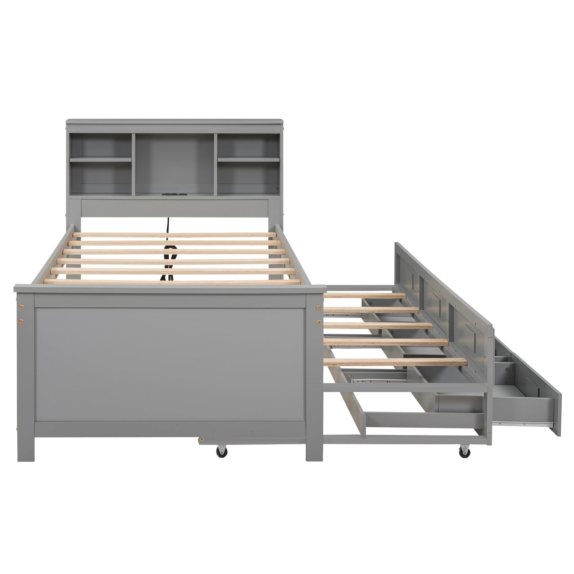 Twin Size Platform Bed with Storage Headboard, USB, Twin Size Trundle and 3 Drawers, Gray - Atlantic Fine Furniture Melbourne FL