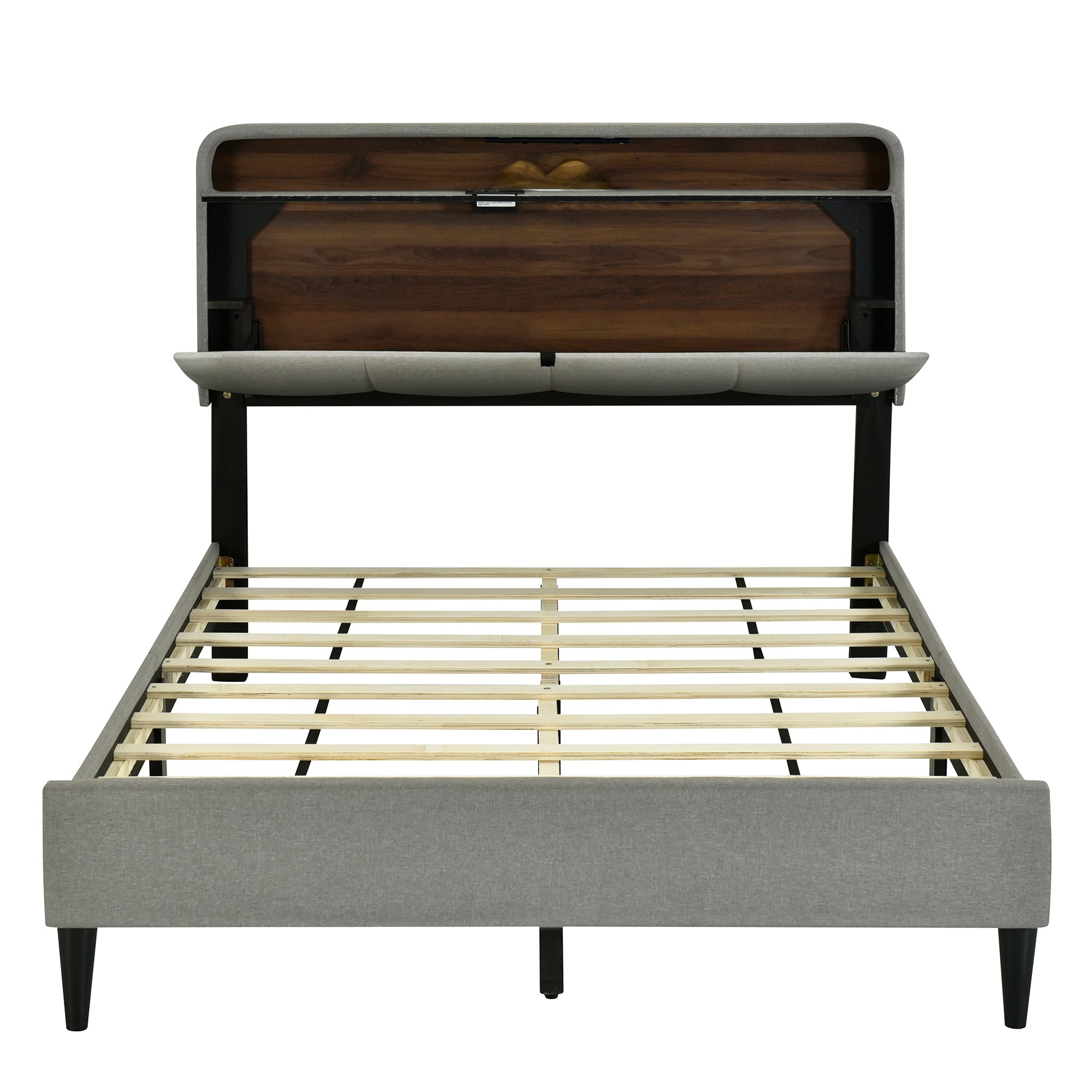 Full size Upholstered Platform Bed with Storage Headboard, Sensor Light and a set of Sockets and USB Ports, Linen Fabric, Gray - Atlantic Fine Furniture Melbourne FL