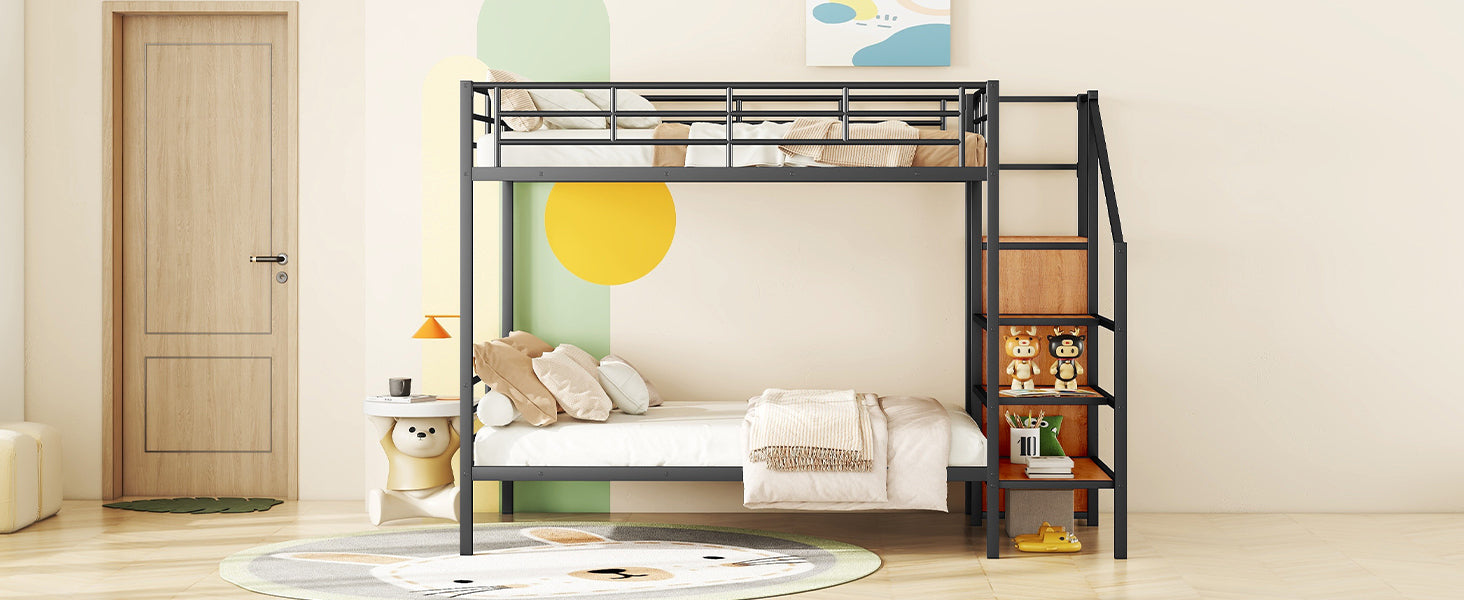 Full Over Full Metal Bunk Bed with Lateral Storage Ladder and Wardrobe, Black - Atlantic Fine Furniture Melbourne FL