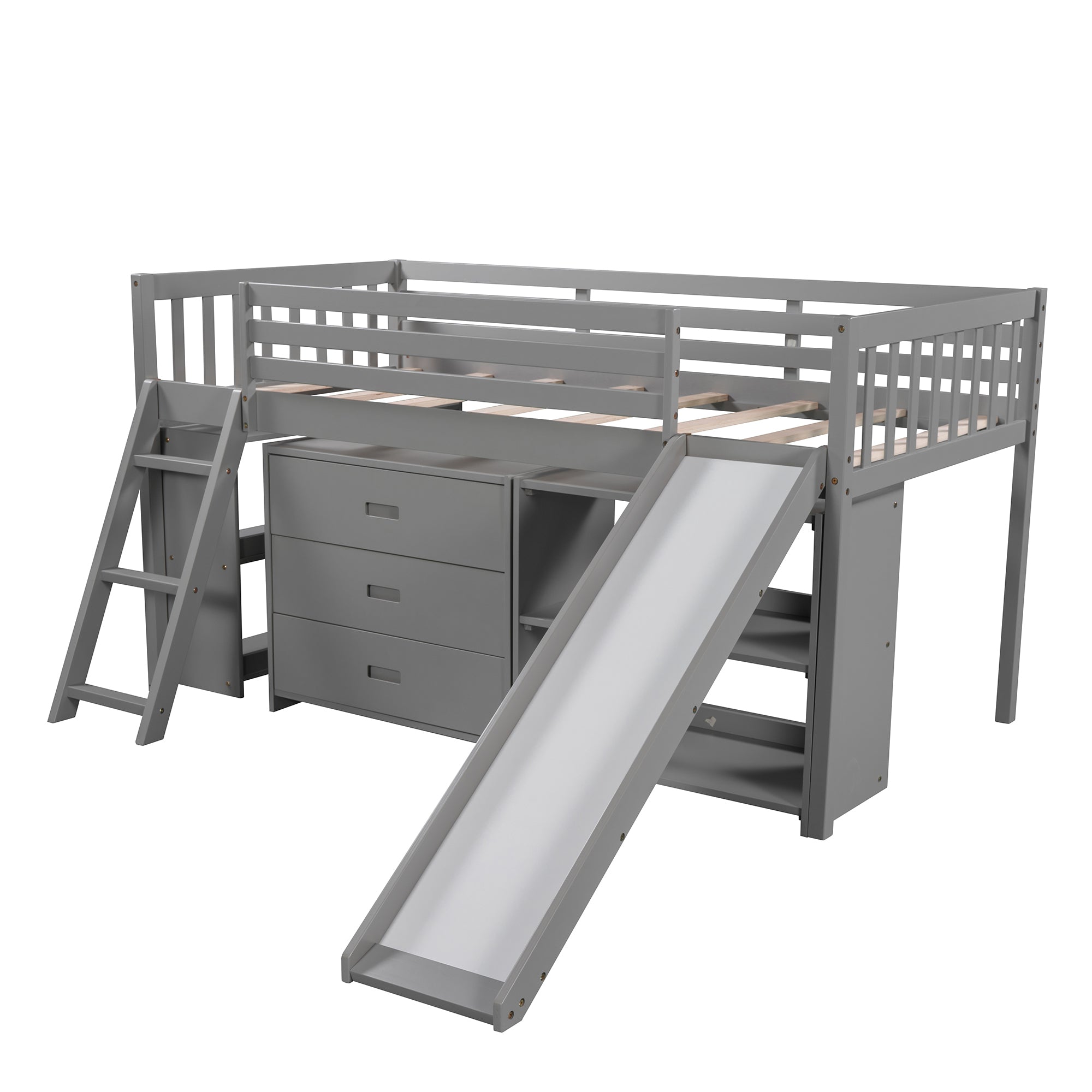 Low Loft Bed with Attached Bookcases and Separate 3-tier Drawers,Convertible Ladder and Slide,Twin,Gray - Atlantic Fine Furniture Melbourne FL