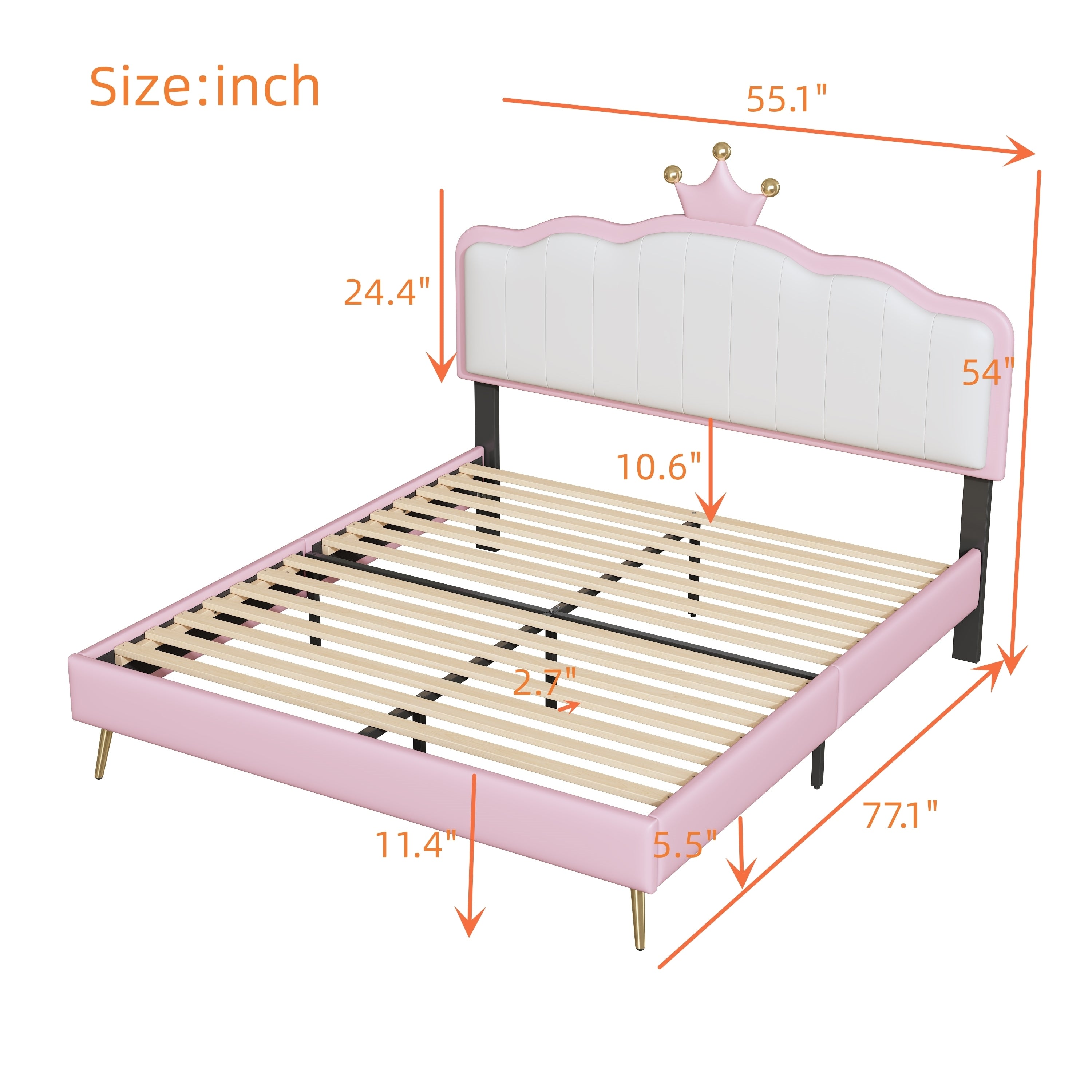 Full size Upholstered Princess Bed With Crown Headboard,Full Size Platform Bed with Headboard and Footboard with Light Strips,Golden Metal Legs, White+Pink - Atlantic Fine Furniture Melbourne FL