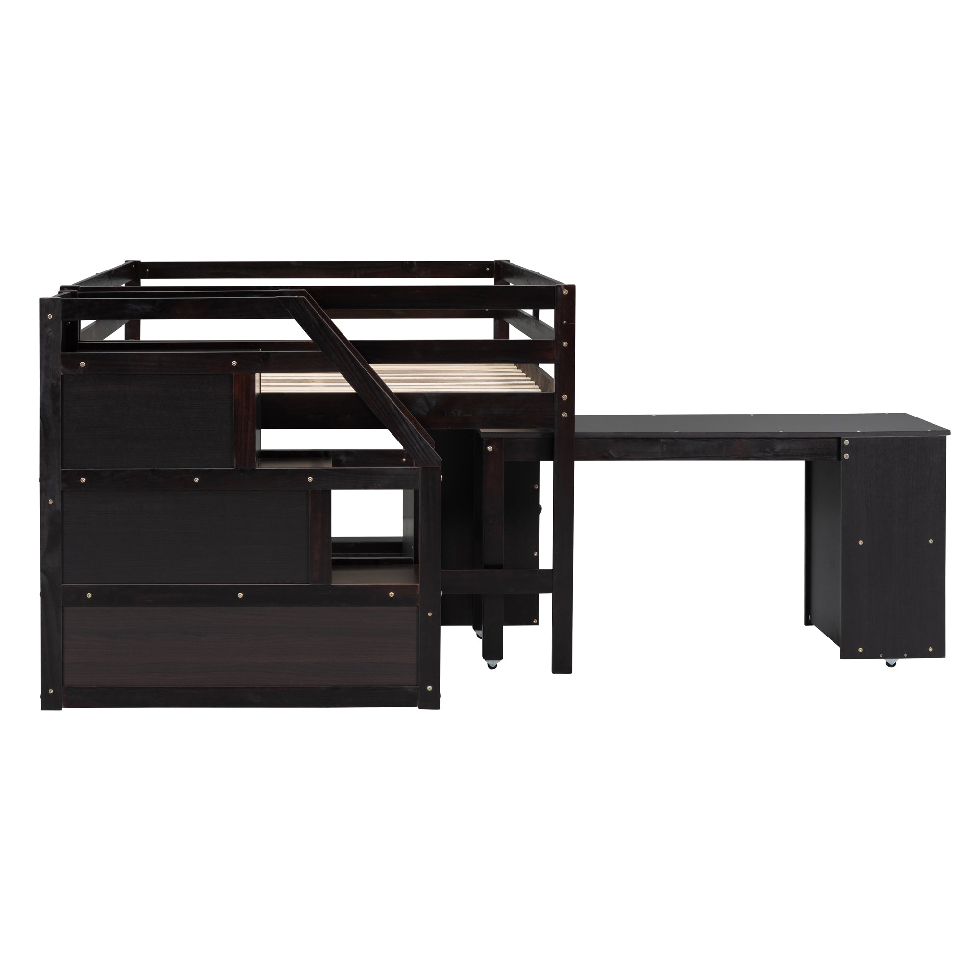 Full Size Loft Bed with Retractable Writing Desk and 3 Drawers, Wooden Loft Bed with Storage Stairs and Shelves, Espresso - Atlantic Fine Furniture Melbourne FL