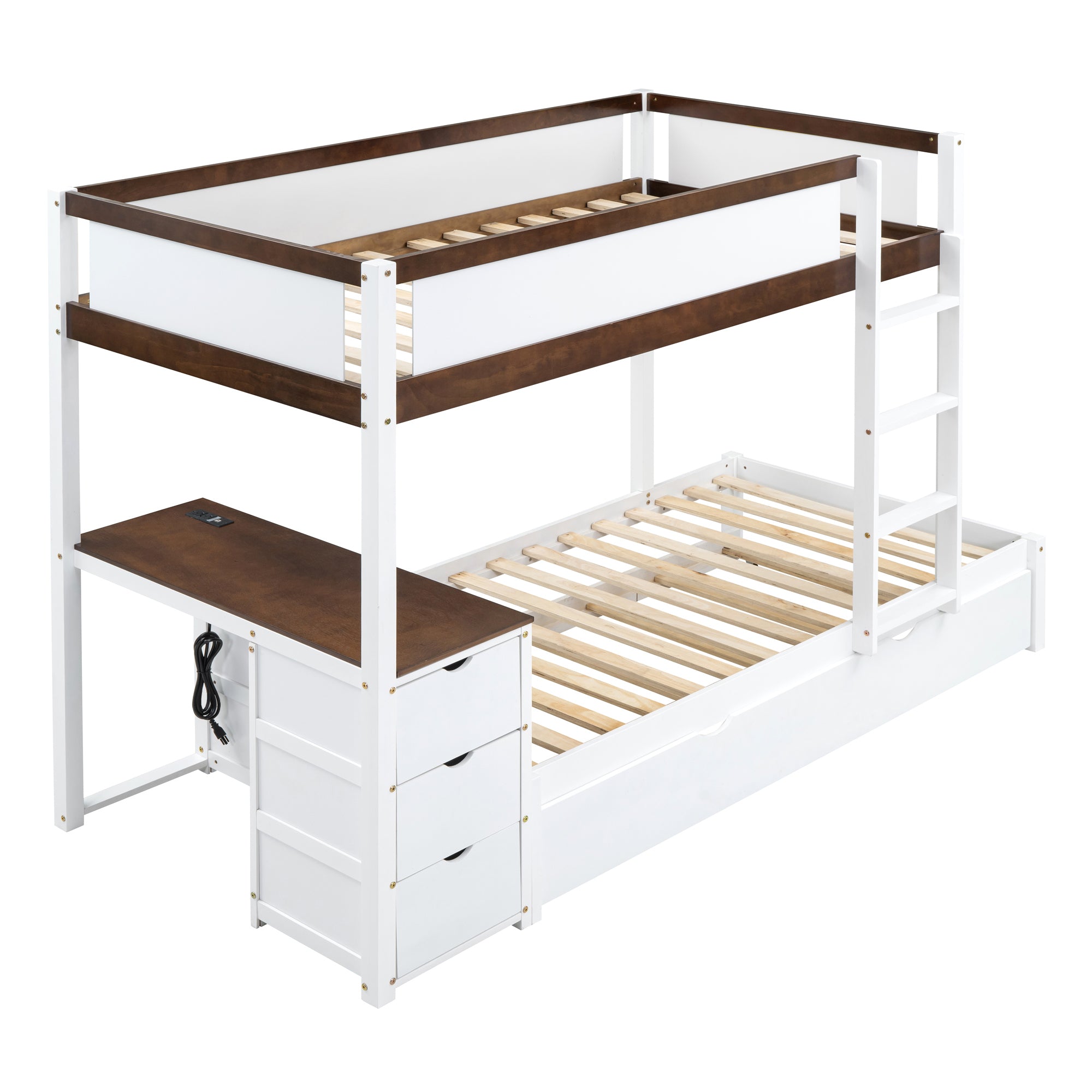 Twin-Over-Twin Bunk Bed with Twin size Trundle, Storage and Desk, White+Walnut - Atlantic Fine Furniture Melbourne FL