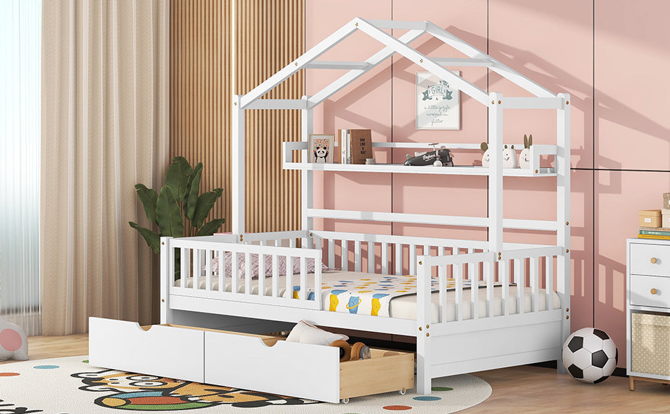 Wooden Twin Size House Bed with 2 Drawers,Kids Bed with Storage Shelf, White - Atlantic Fine Furniture Melbourne FL