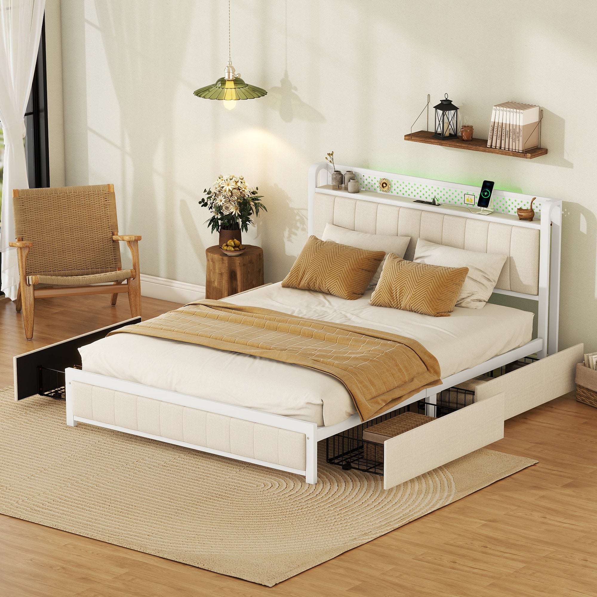 Queen Bed Frame with LED Headboard, Upholstered Bed with 4 Storage Drawers and USB Ports, Beige - Atlantic Fine Furniture Melbourne FL
