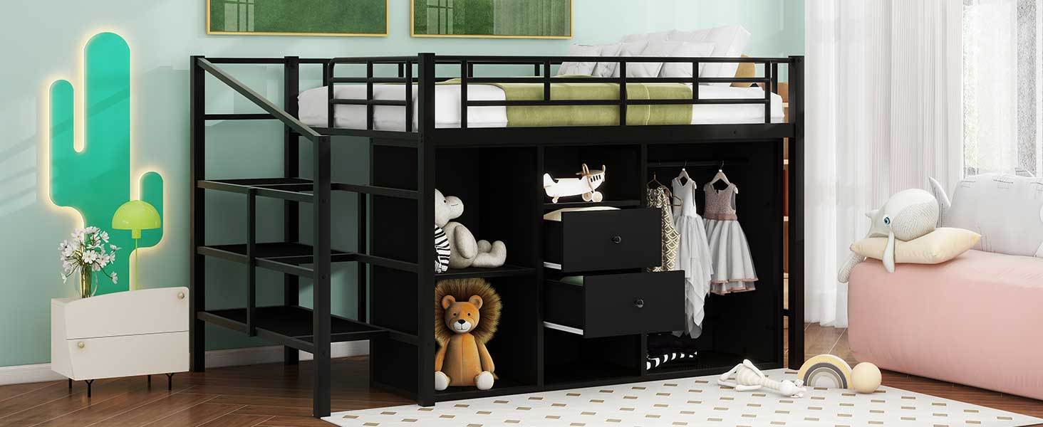 Full Size Metal Loft Bed with Drawers, Storage Staircase and Small Wardrobe - Atlantic Fine Furniture Melbourne FL