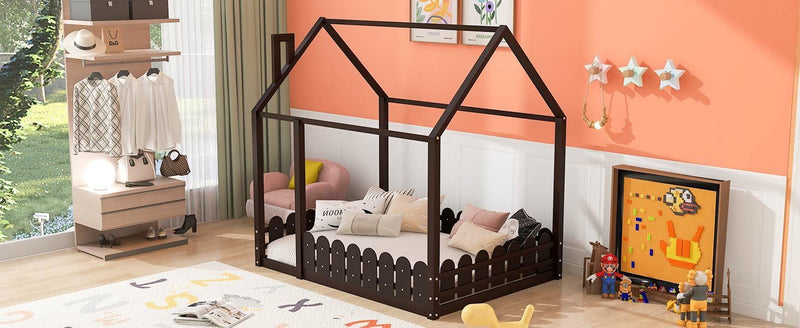 (Slats are not included)Full Size Wood Bed House Bed Frame with Fence,for Kids,Teens,Girls,Boys (Espresso )(OLD SKU:WF281294AAP)