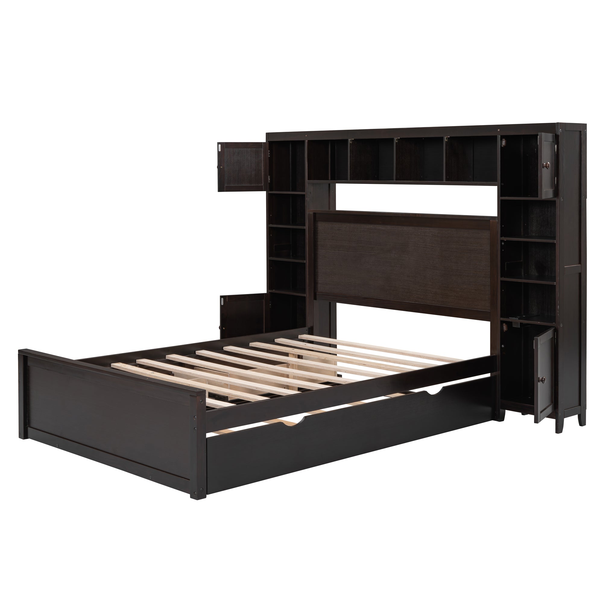 Full Size Wooden Bed With All-in-One Cabinet, Shelf and Sockets, Espresso - Atlantic Fine Furniture Melbourne FL