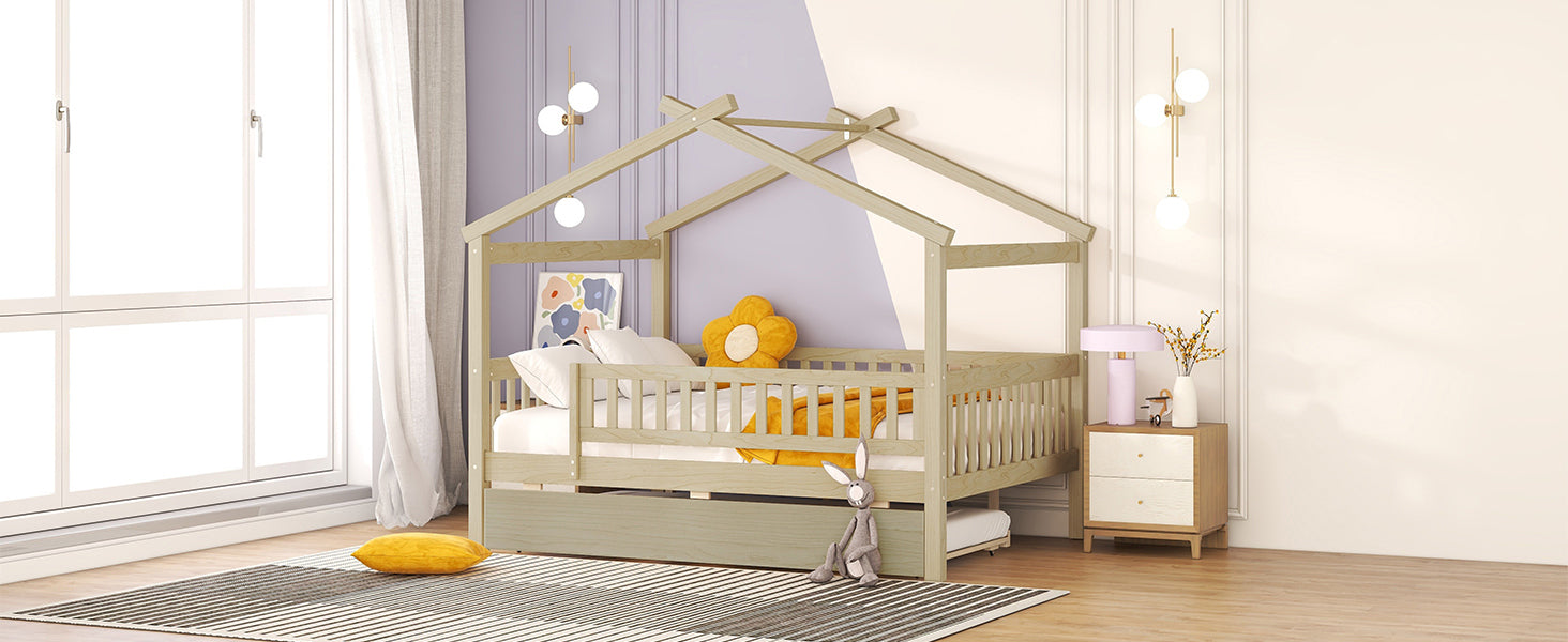 Full Size Wooden House Bed with Twin Size Trundle, Natural - Atlantic Fine Furniture Melbourne FL