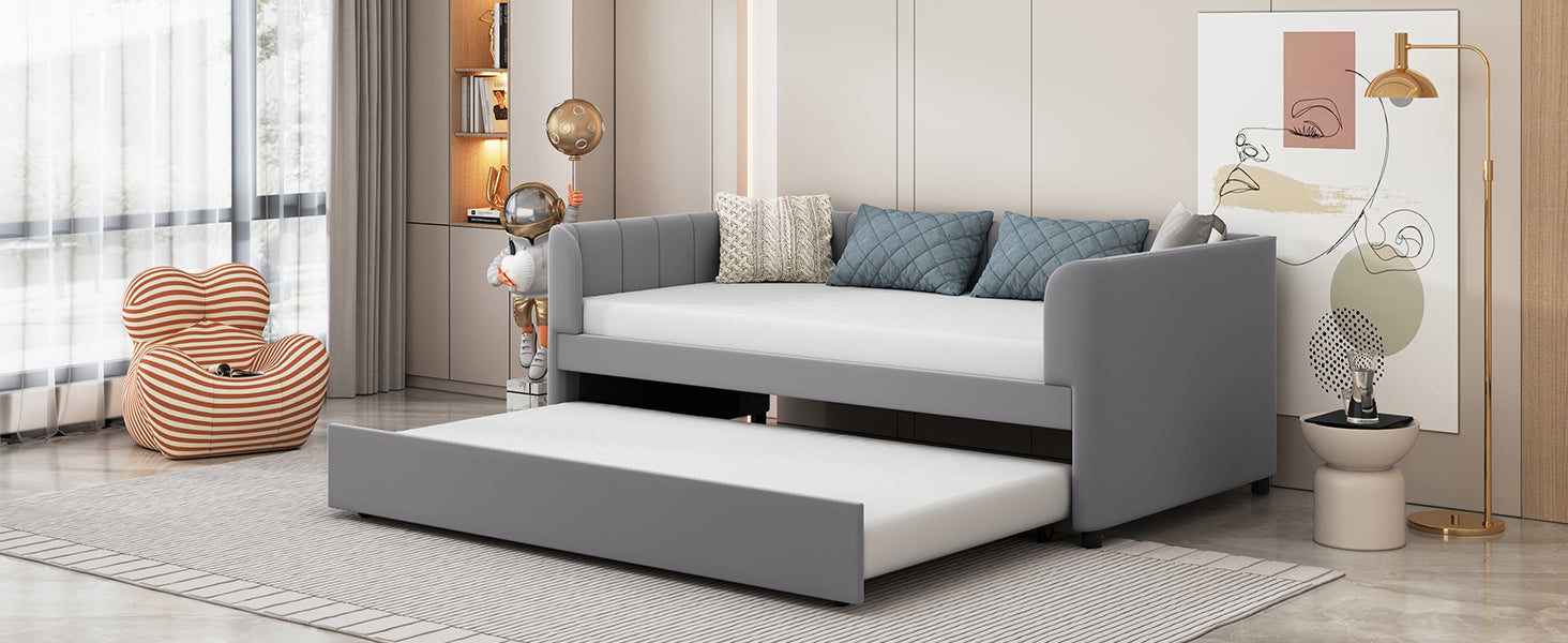Twin Size Upholstered Daybed with Ergonomic Design Backrest and Trundle, Gray - Atlantic Fine Furniture Melbourne FL