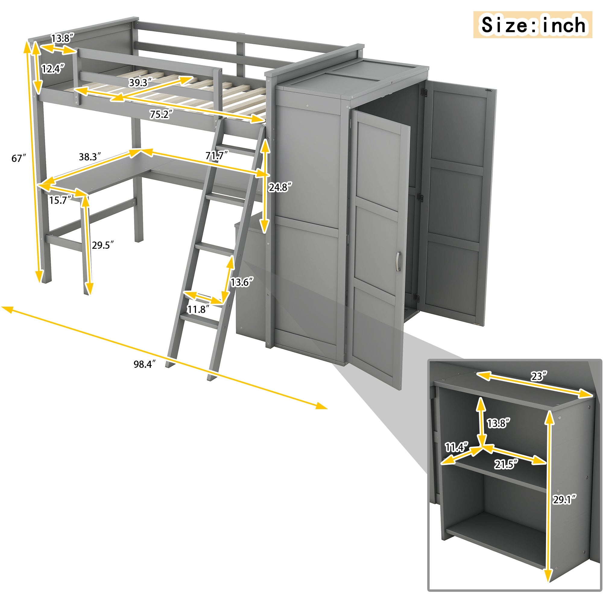 Twin size Loft Bed with Desk, Shelves and Wardrobe-Gray - Atlantic Fine Furniture Melbourne FL