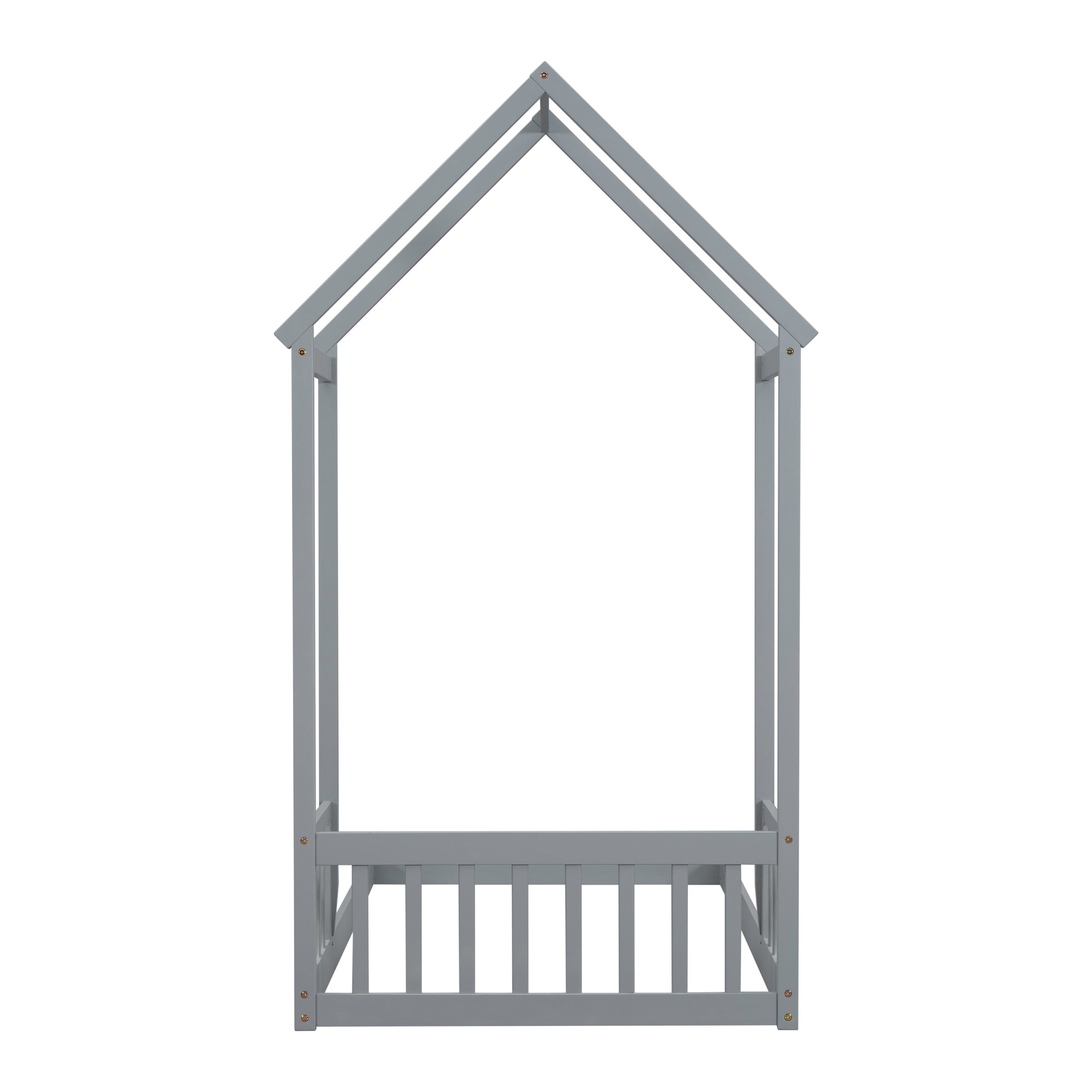 Twin House-shaped Roof Headboard Floor Bed,,(without slats),Grey