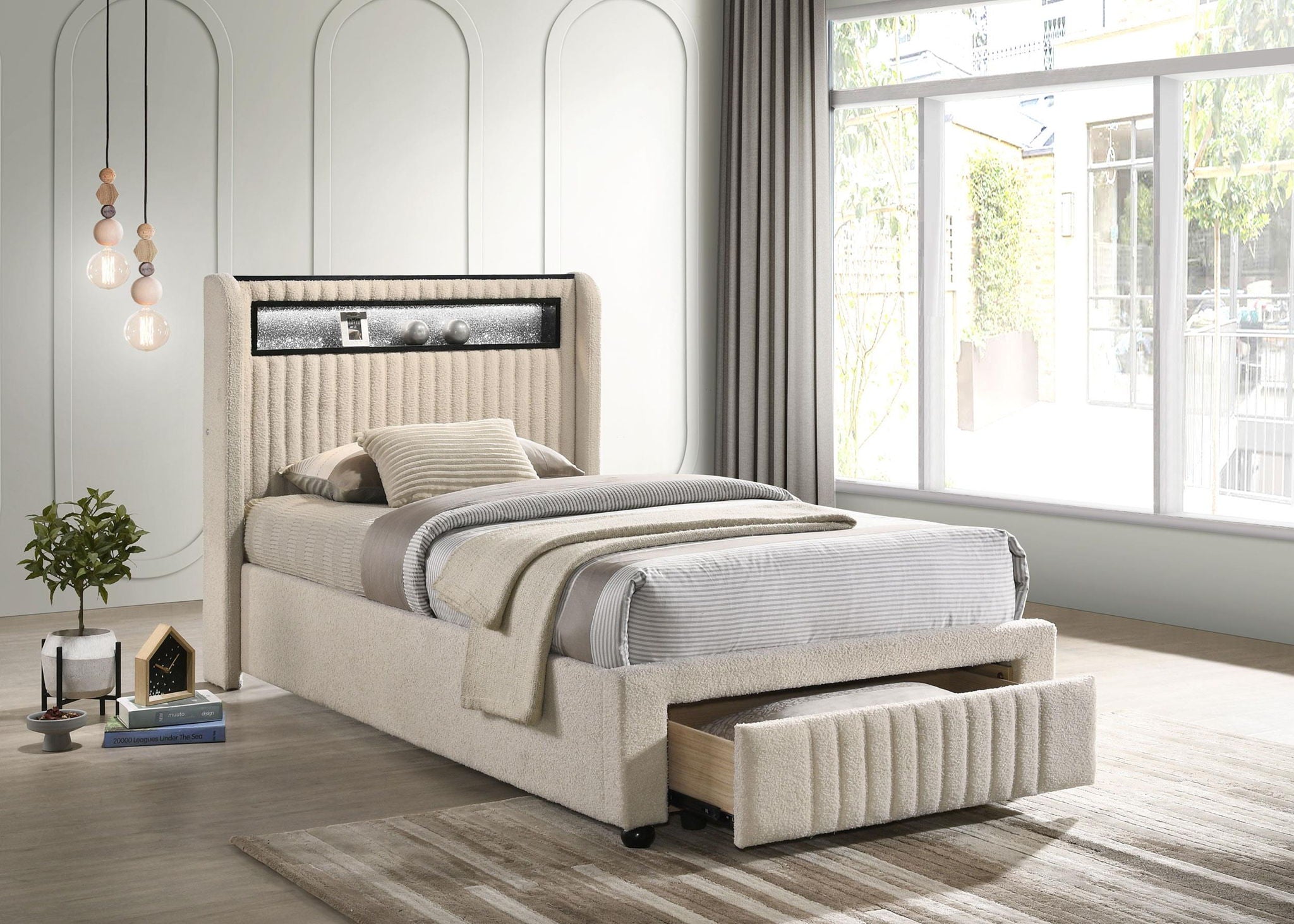 Madison Upholstered LED Twin Storage Platform Bed Cream