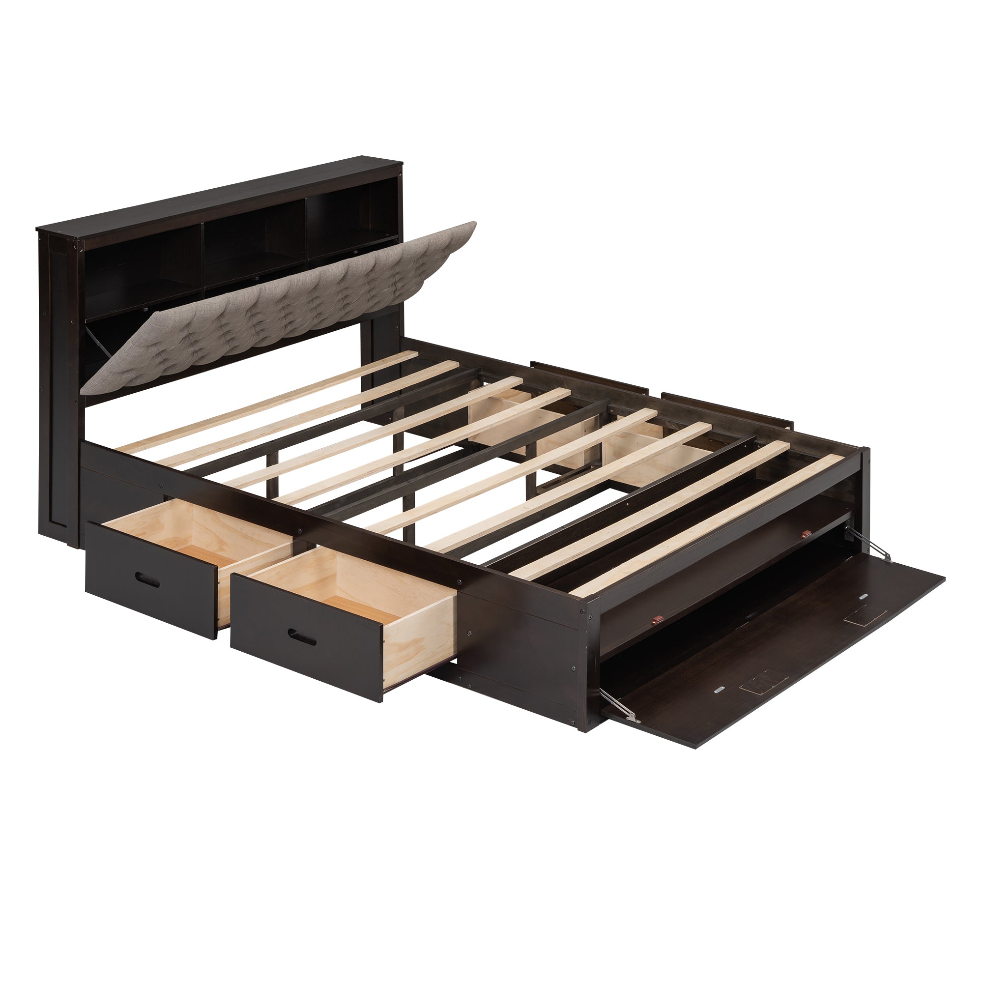 Wood Queen Size Platform Bed with Storage Headboard, shoe rack and 4 drawers,Espresso - Atlantic Fine Furniture Melbourne FL