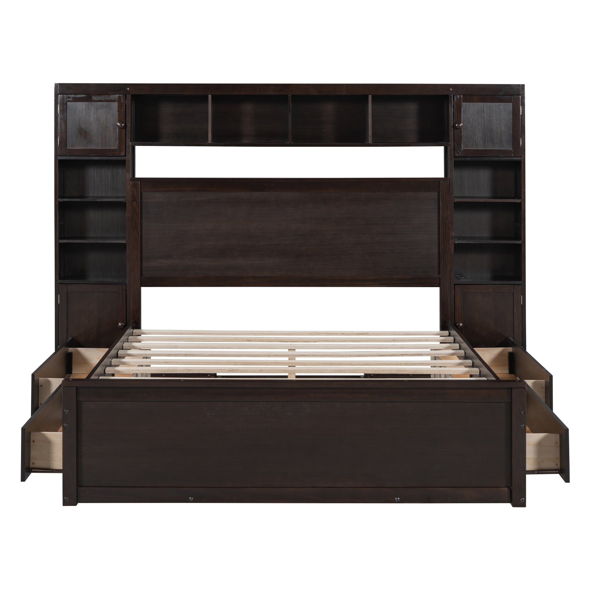 Queen Size Wooden Bed With All-in-One Cabinet, Shelf and Sockets, Espresso - Atlantic Fine Furniture Melbourne FL