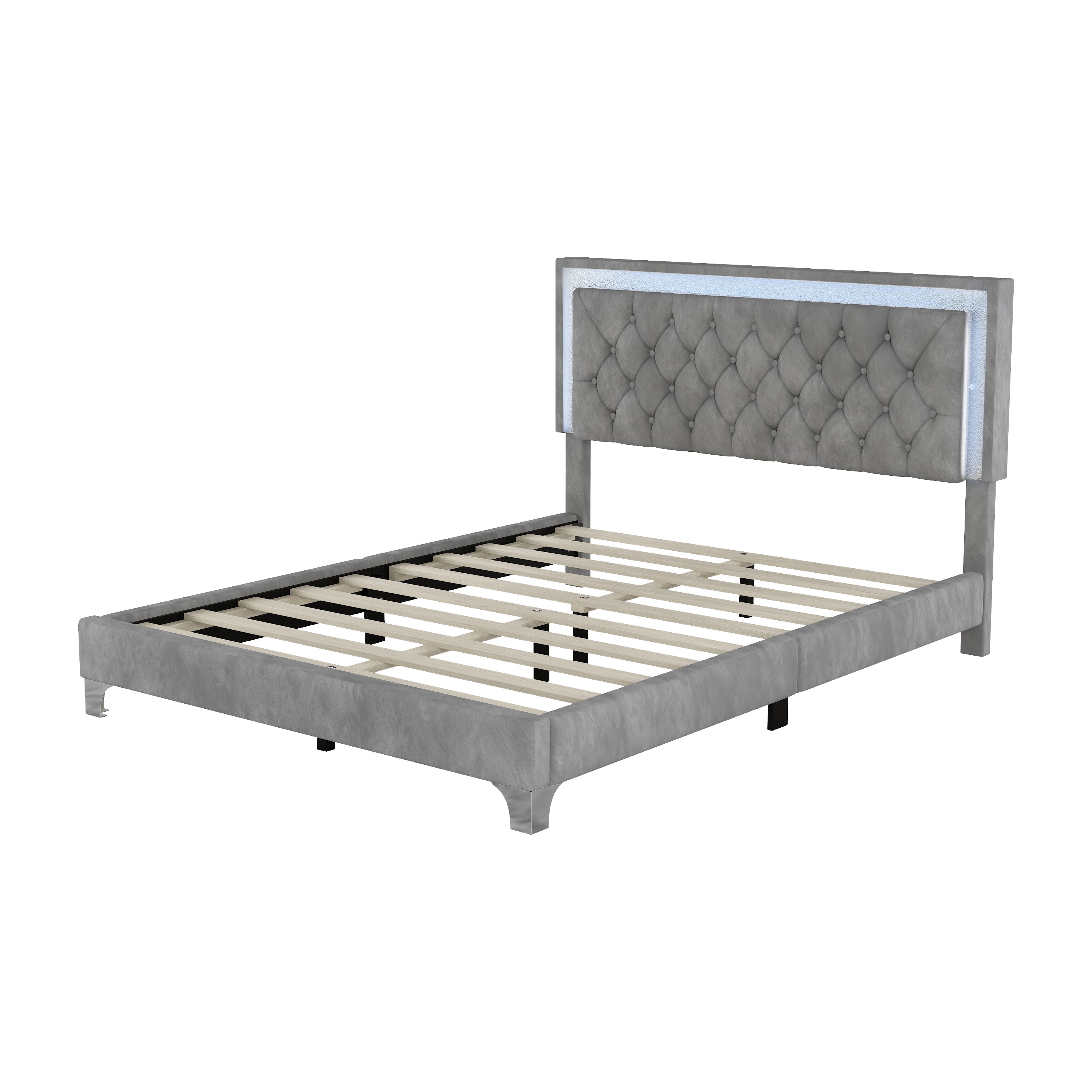 Queen Size Upholstered Bed Frame with LED Lights,Modern Velvet Platform Bed with Tufted Headboard,Gray - Atlantic Fine Furniture Melbourne FL