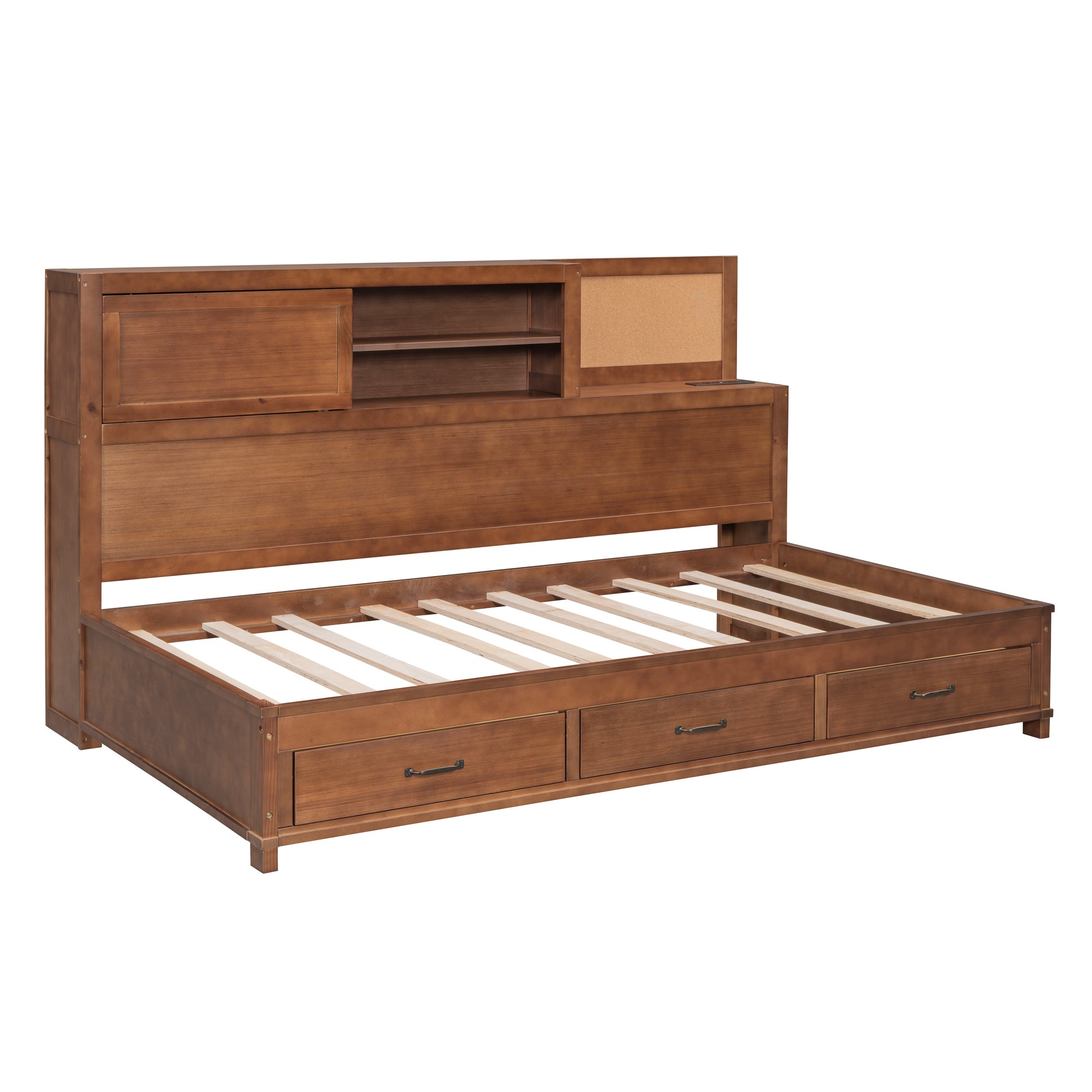 Twin Size Wooden Daybed with 3 Storage Drawers, Upper Soft Board, shelf, and a set of Sockets and USB Ports, Brown - Atlantic Fine Furniture Melbourne FL