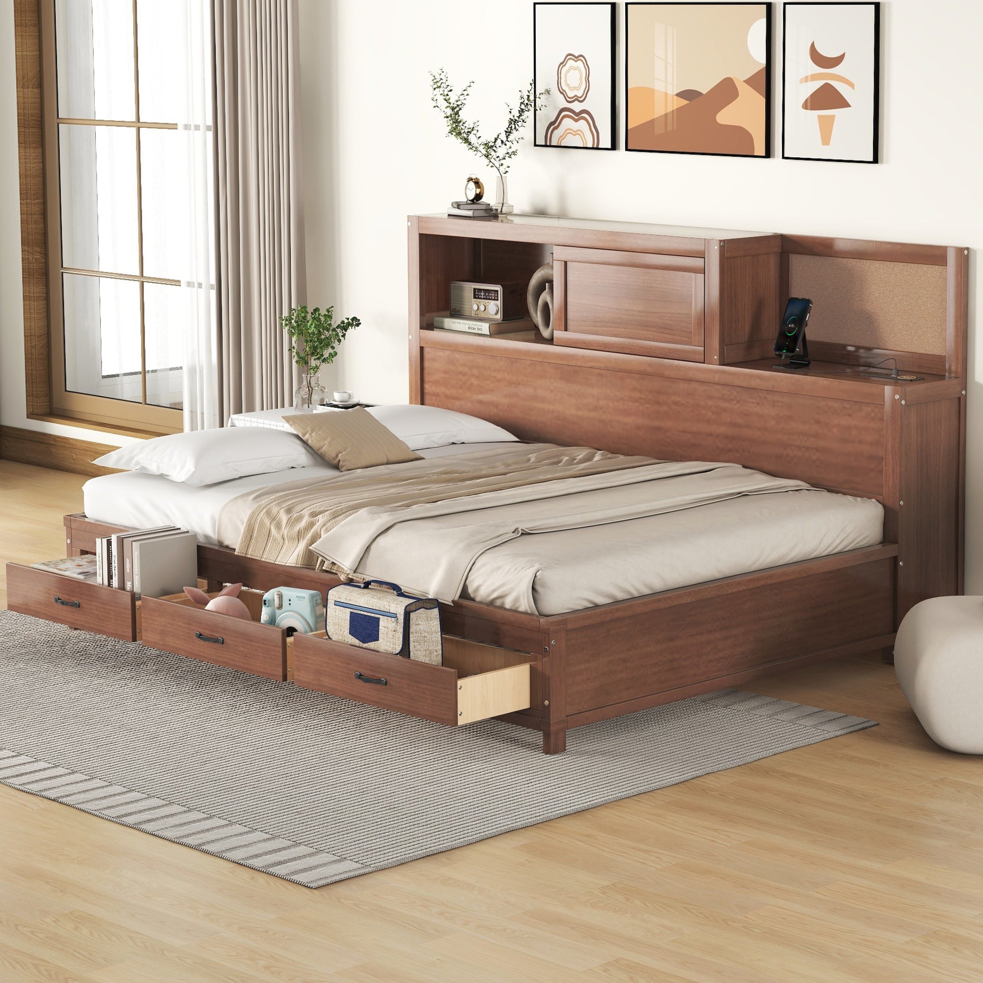 Full Size Wooden Daybed with 3 Storage Drawers, Upper Soft Board, shelf, and a set of Sockets and USB Ports, Brown - Atlantic Fine Furniture Melbourne FL