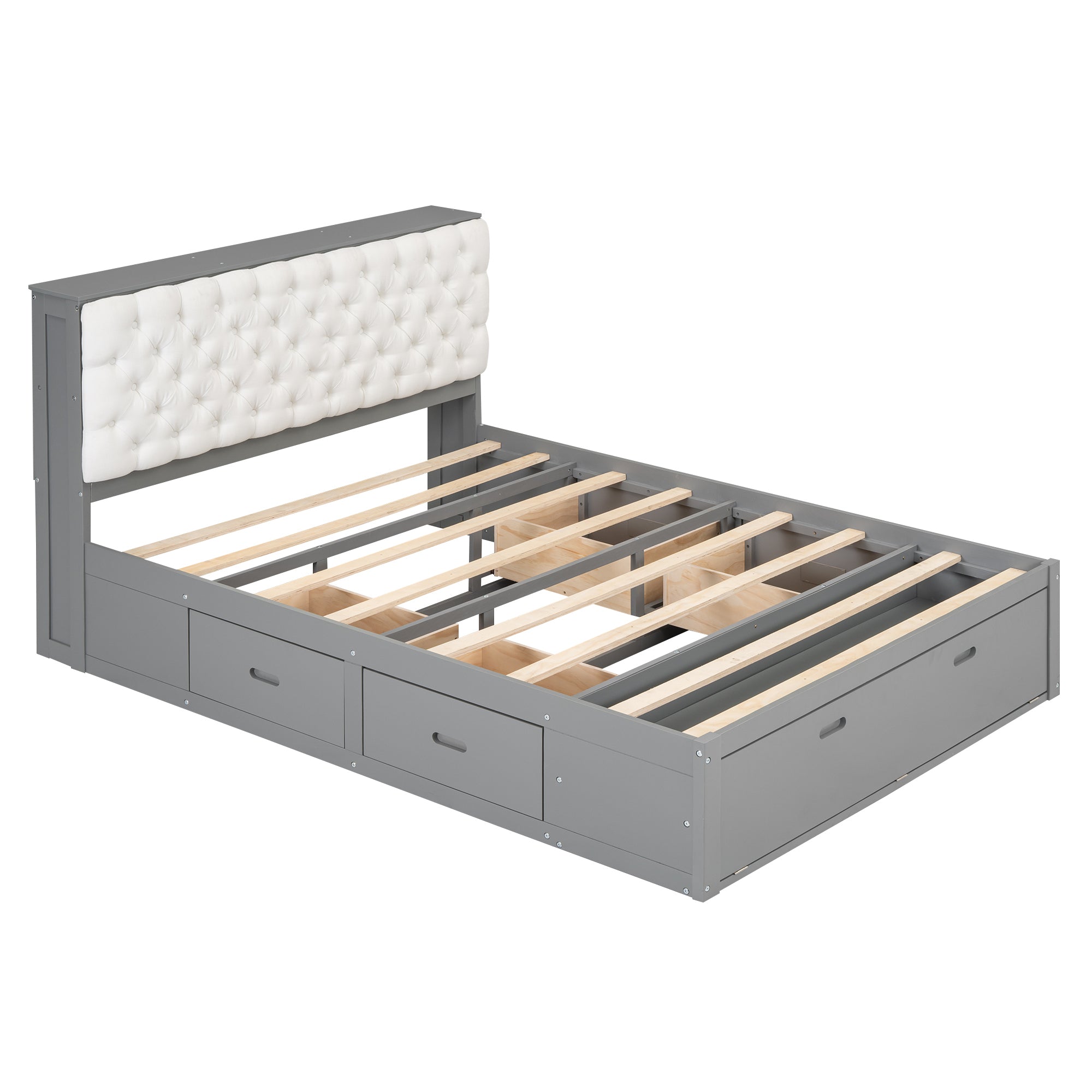 Wood Queen Size Platform Bed with Storage Headboard, shoe rack and 4 drawers,Gray - Atlantic Fine Furniture Melbourne FL