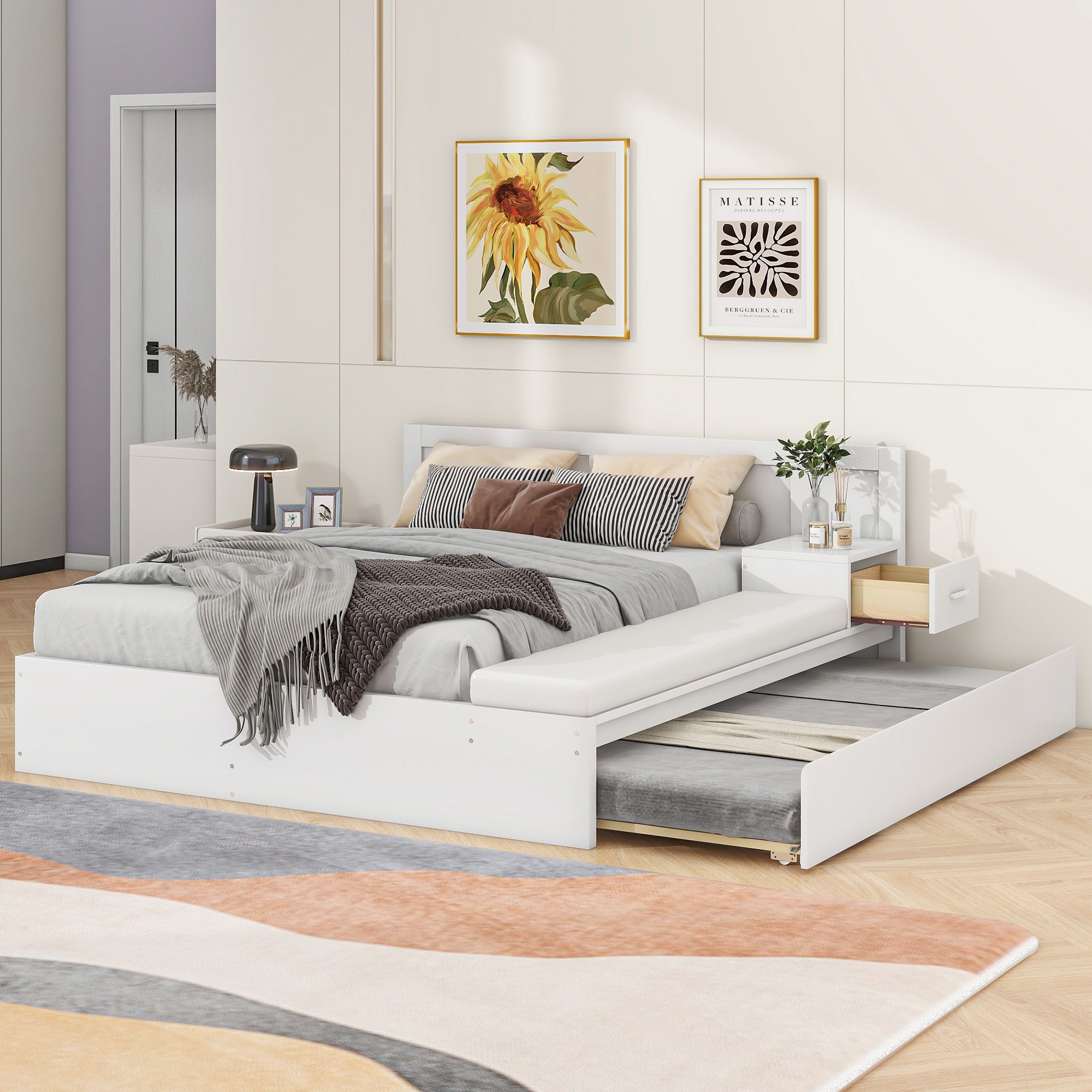 Full Size Wood Storage Hydraulic Platform Bed with Twin Size Trundle, Side Table and Lounge, White - Atlantic Fine Furniture Melbourne FL