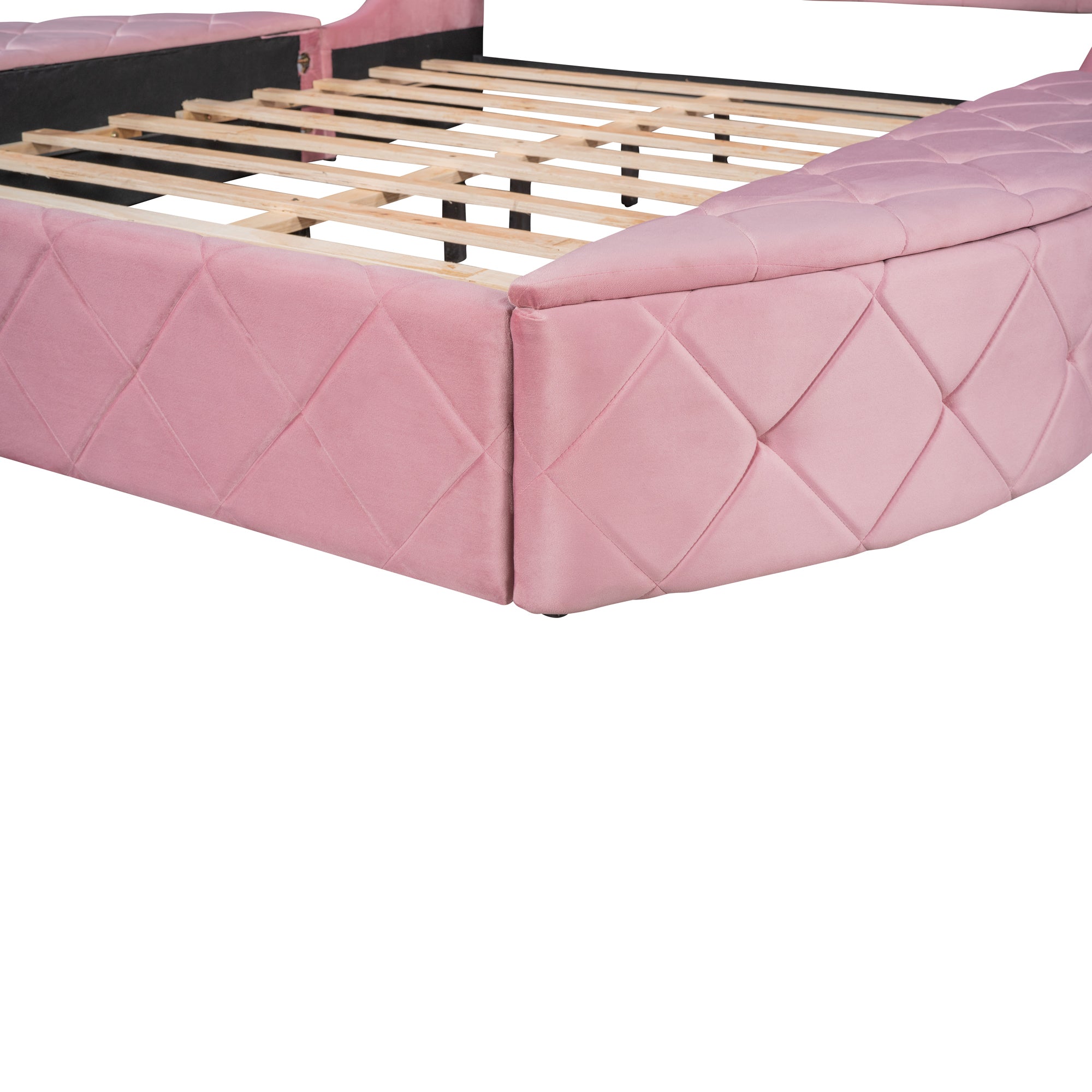 Upholstered Platform Bed Queen Size Storage Velvet Bed with Wingback Headboard and 1 Big Drawer,2 Side Storage Stool(Pink) - Atlantic Fine Furniture Melbourne FL