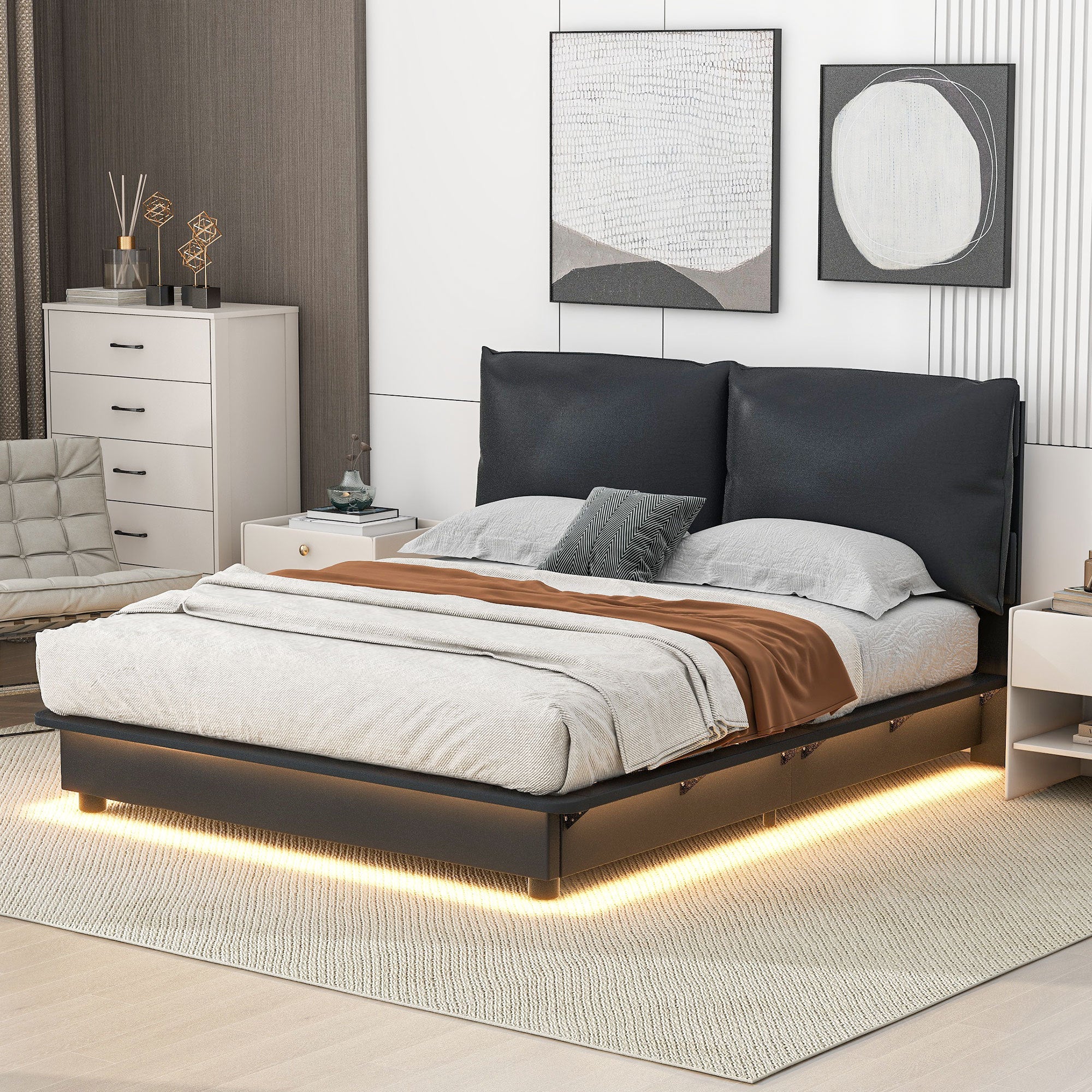 Queen Size Upholstered Platform Bed with Sensor Light and Ergonomic Design Backrests, Black - Atlantic Fine Furniture Melbourne FL